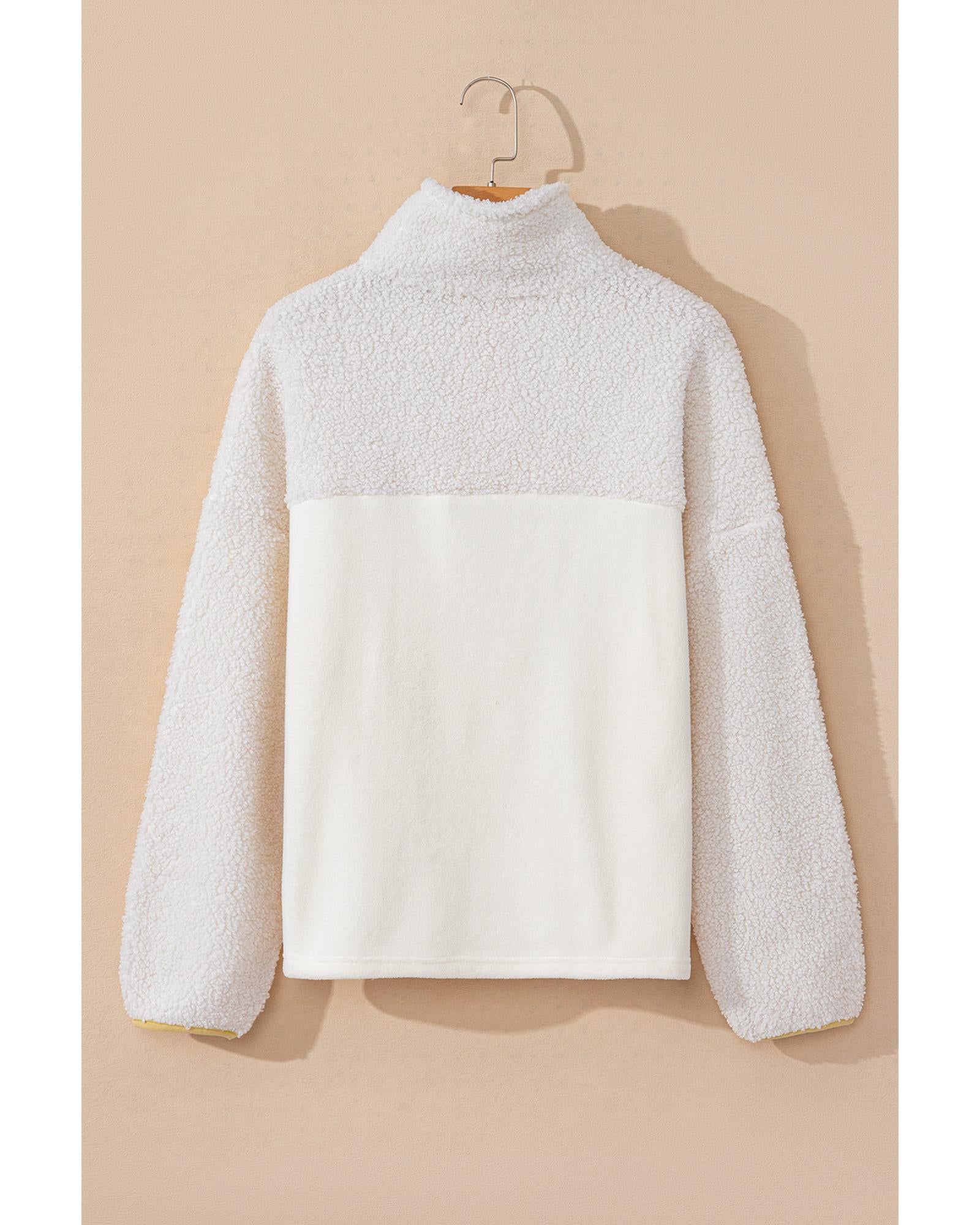 Beige Fleece Colorblock Trim Buttons Collar Sweatshirt with Pocket - XL 4