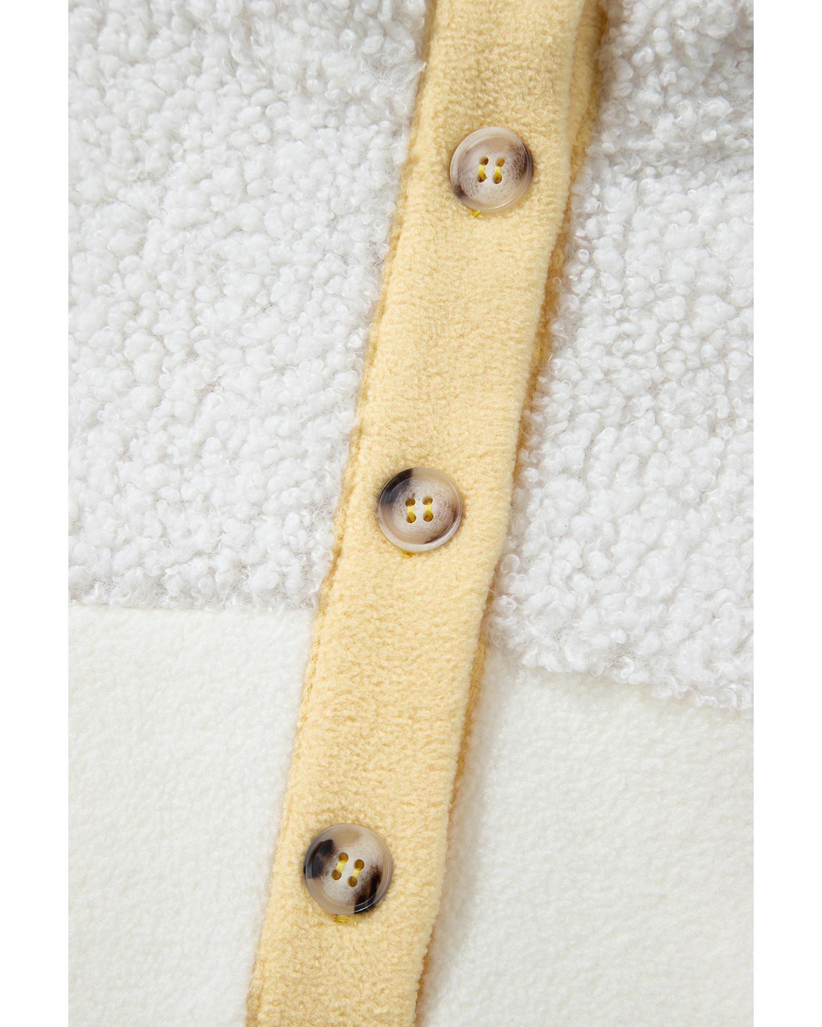 Beige Fleece Colorblock Trim Buttons Collar Sweatshirt with Pocket - XL 8