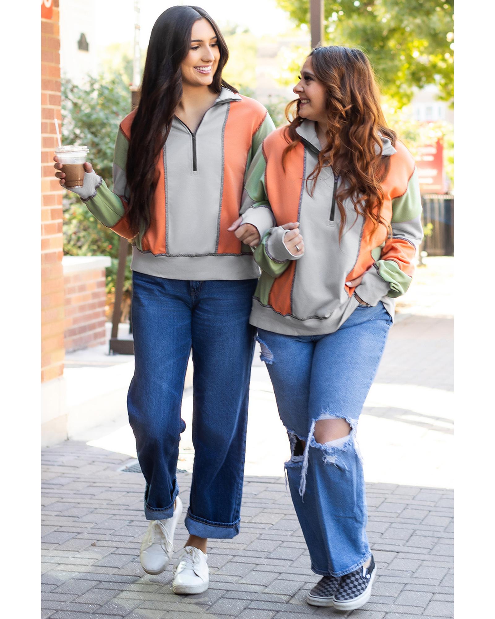 Light Grey Color Block Stitching Detail Half Zipper Sweatshirt - 3XL 5