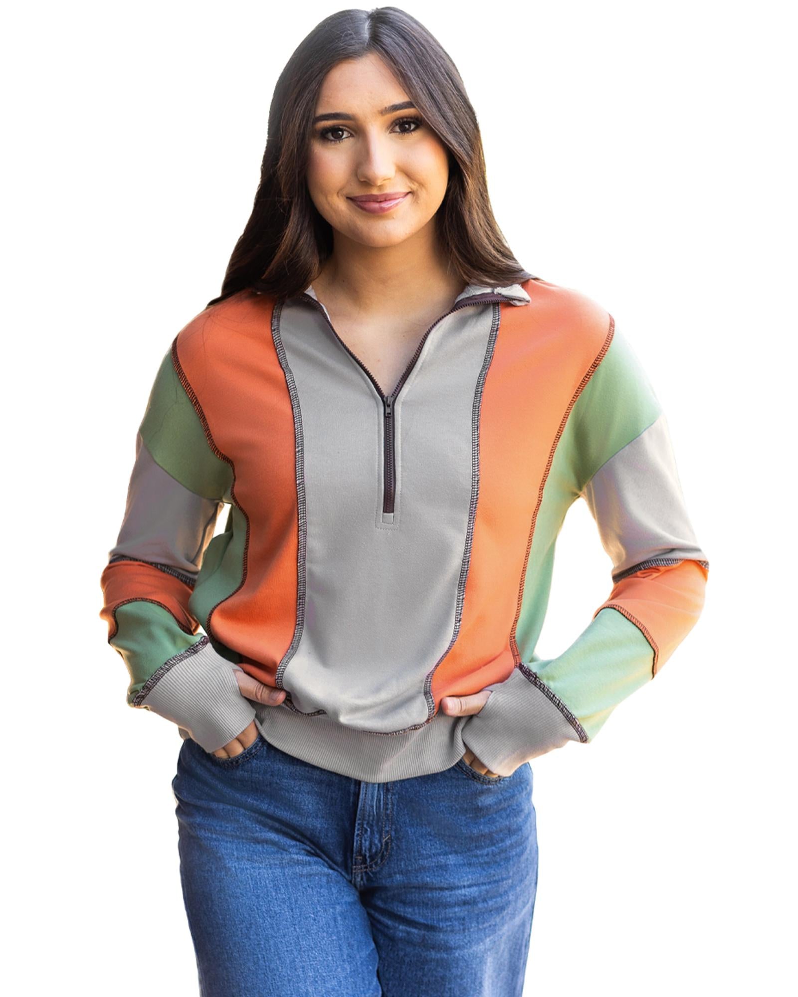 Light Grey Color Block Stitching Detail Half Zipper Sweatshirt - 3XL 7