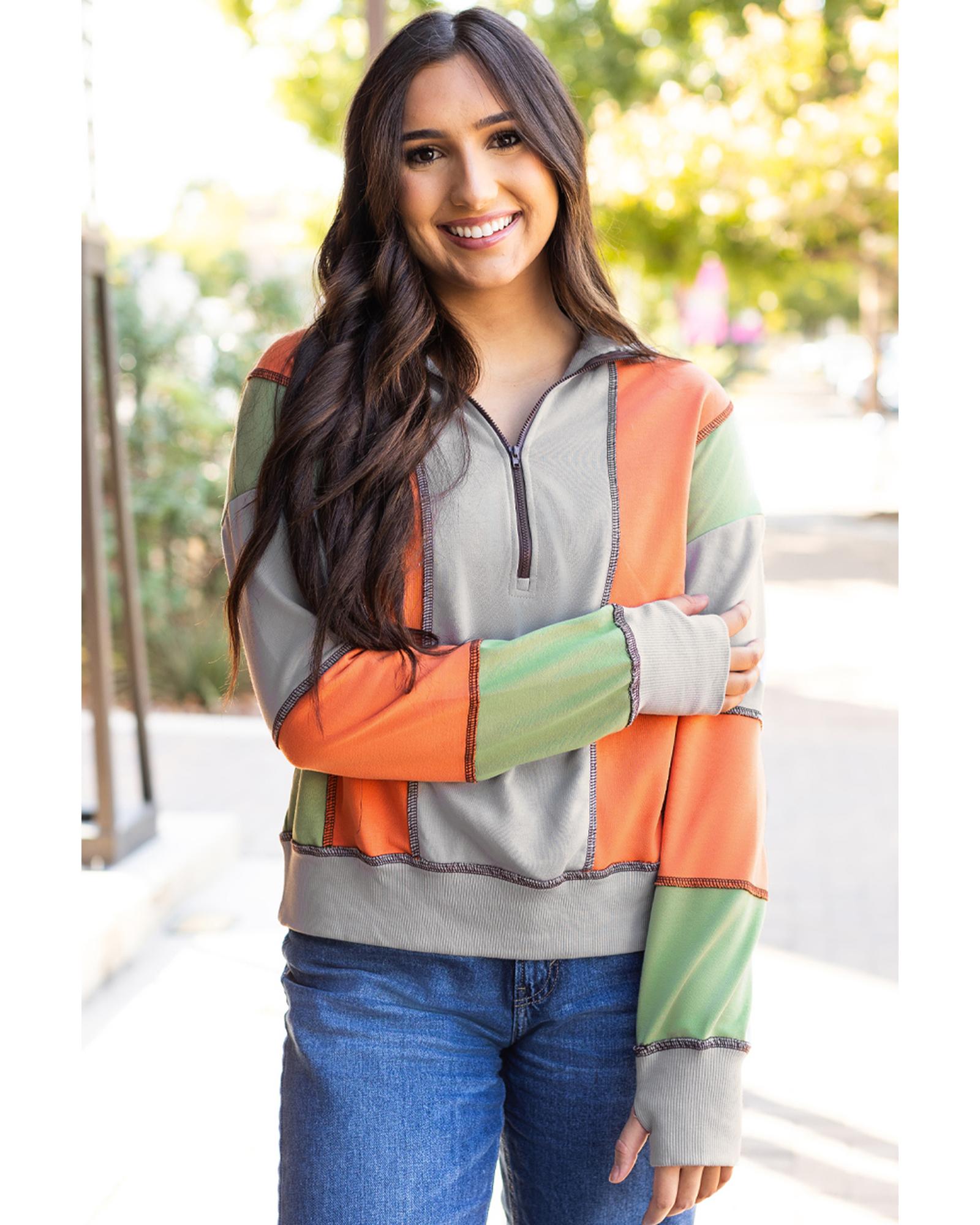 Light Grey Color Block Stitching Detail Half Zipper Sweatshirt - M 3