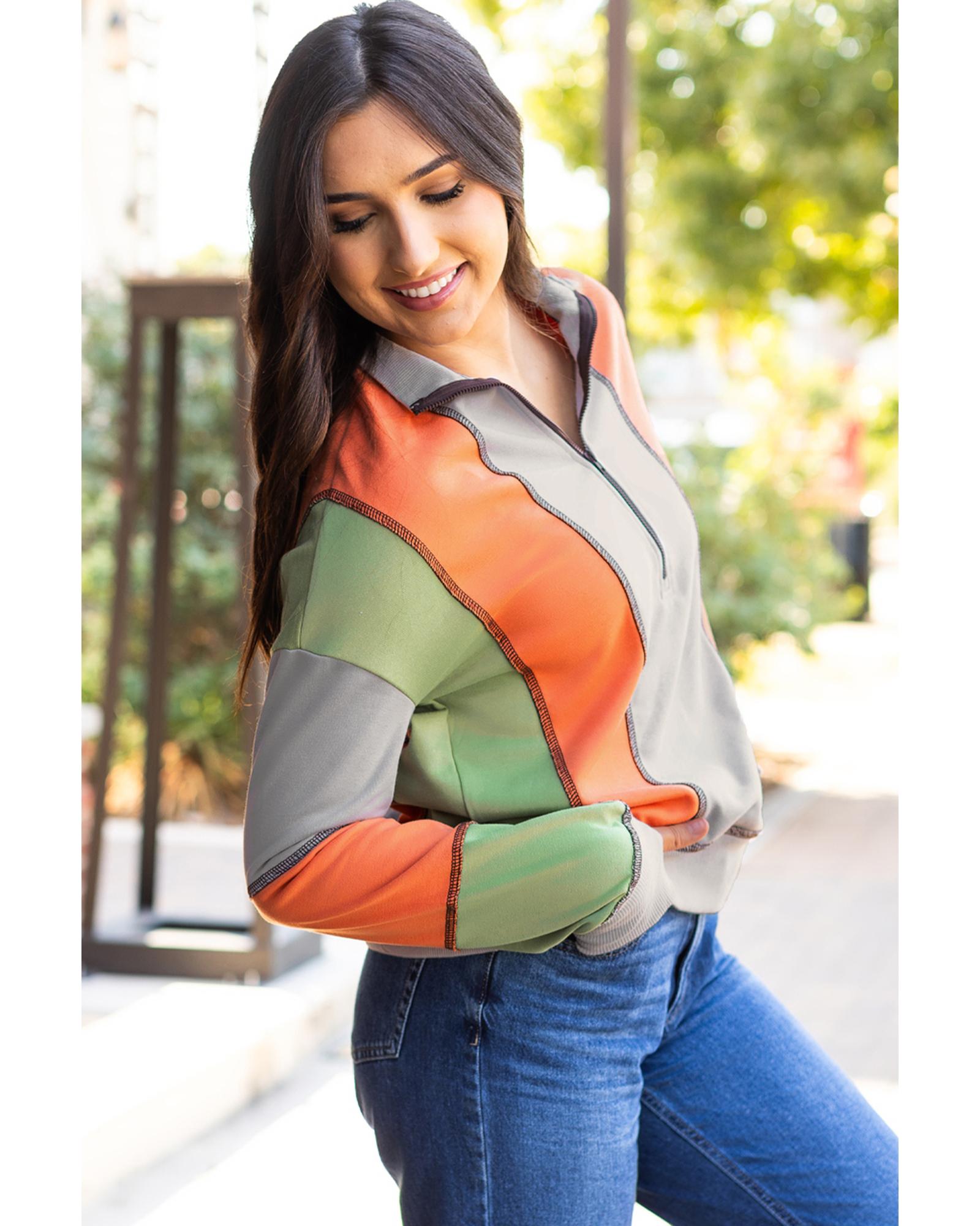 Light Grey Color Block Stitching Detail Half Zipper Sweatshirt - XL
