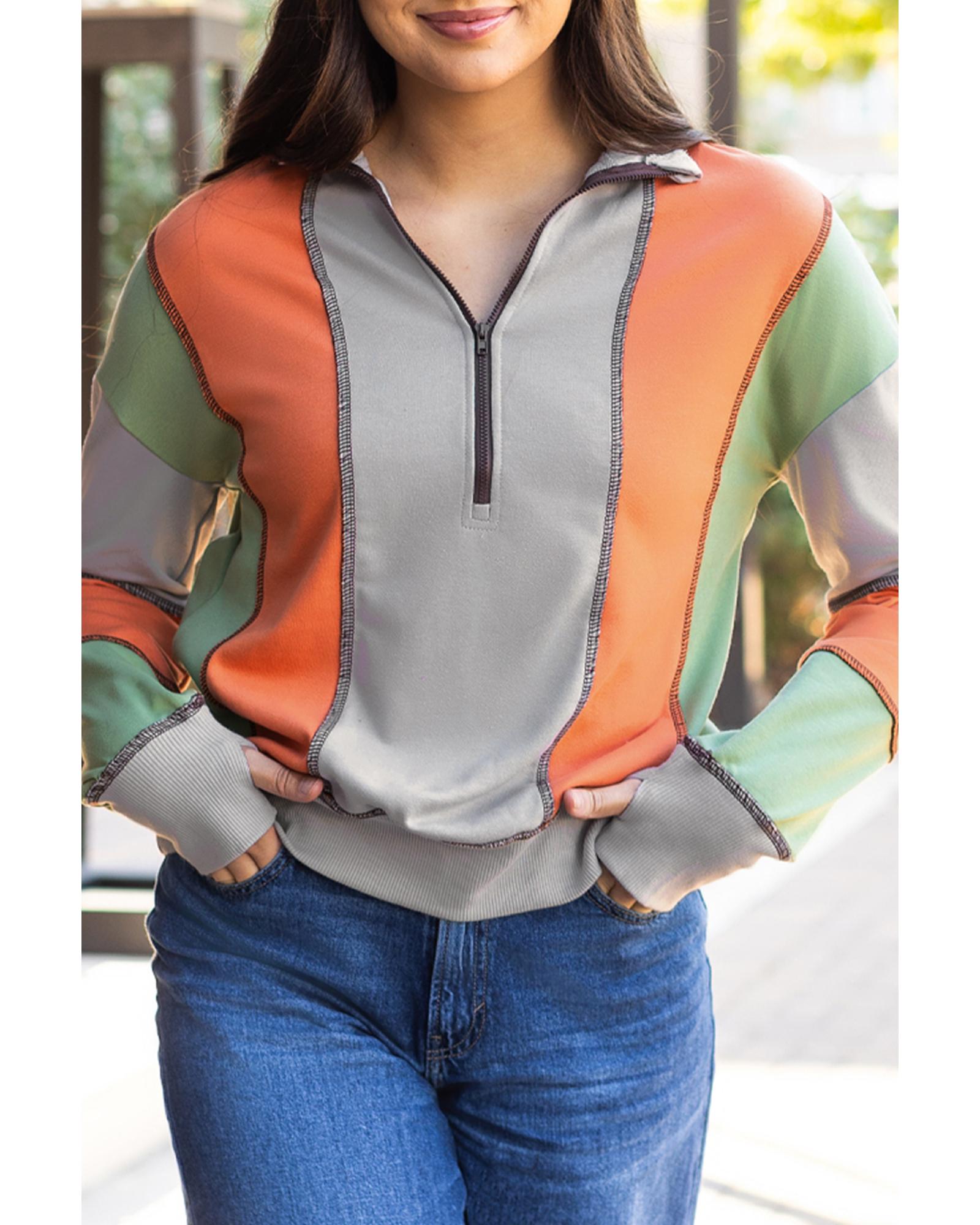 Light Grey Color Block Stitching Detail Half Zipper Sweatshirt - XL 6