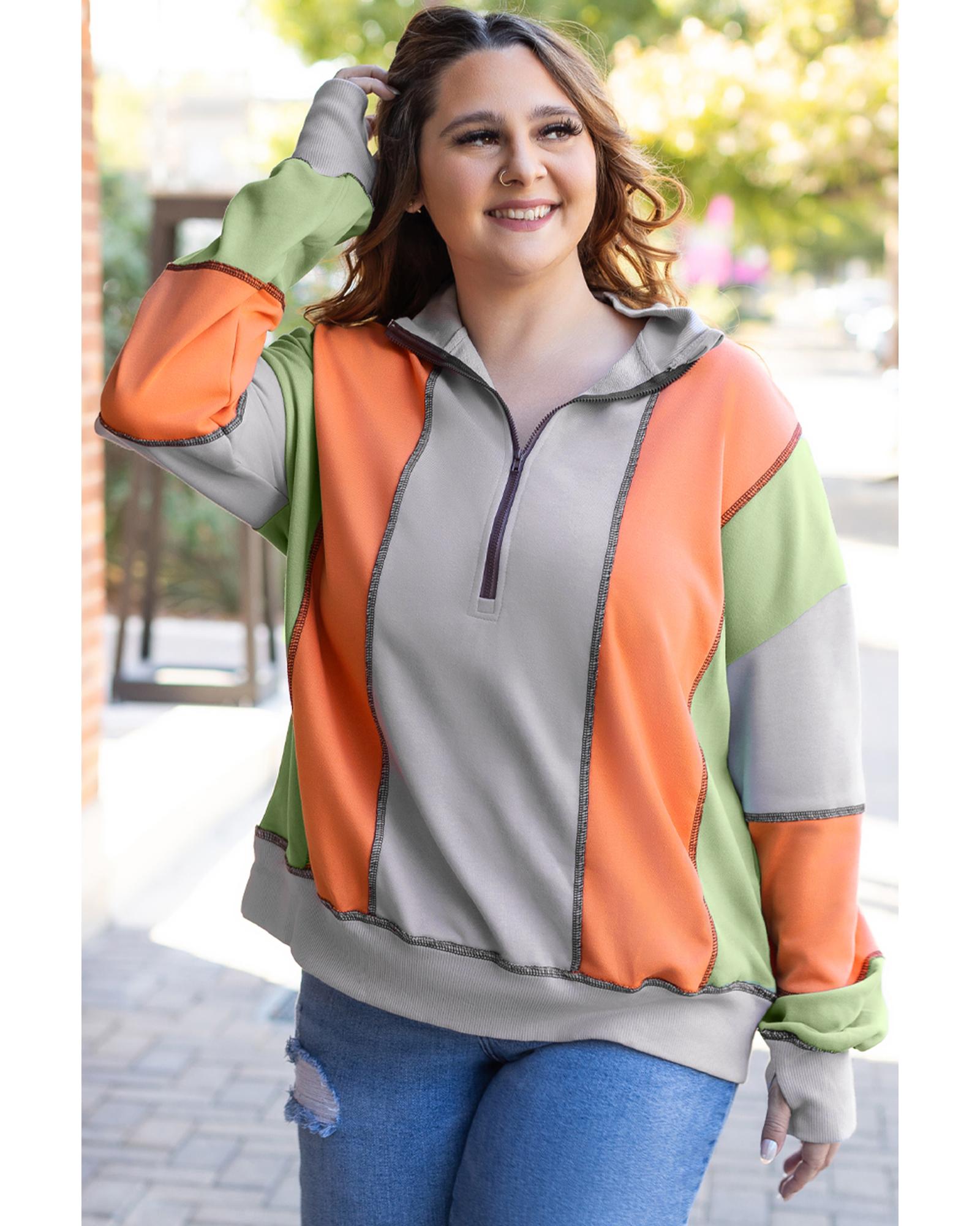 Light Grey Color Block Stitching Detail Half Zipper Sweatshirt - XL 8