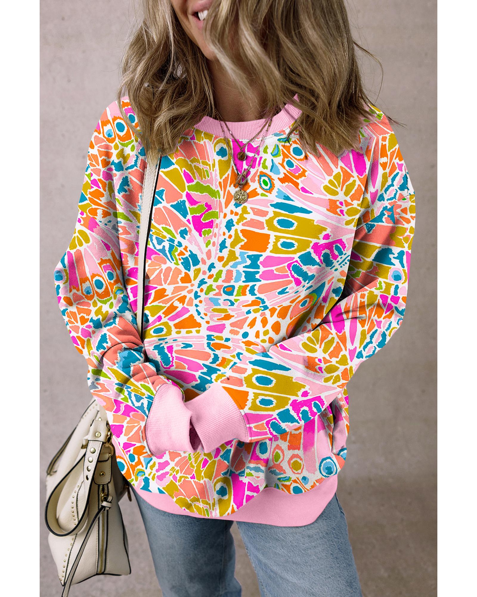 Pink Abstract Printed Drop Shoulder Loose Sweatshirt - M 3