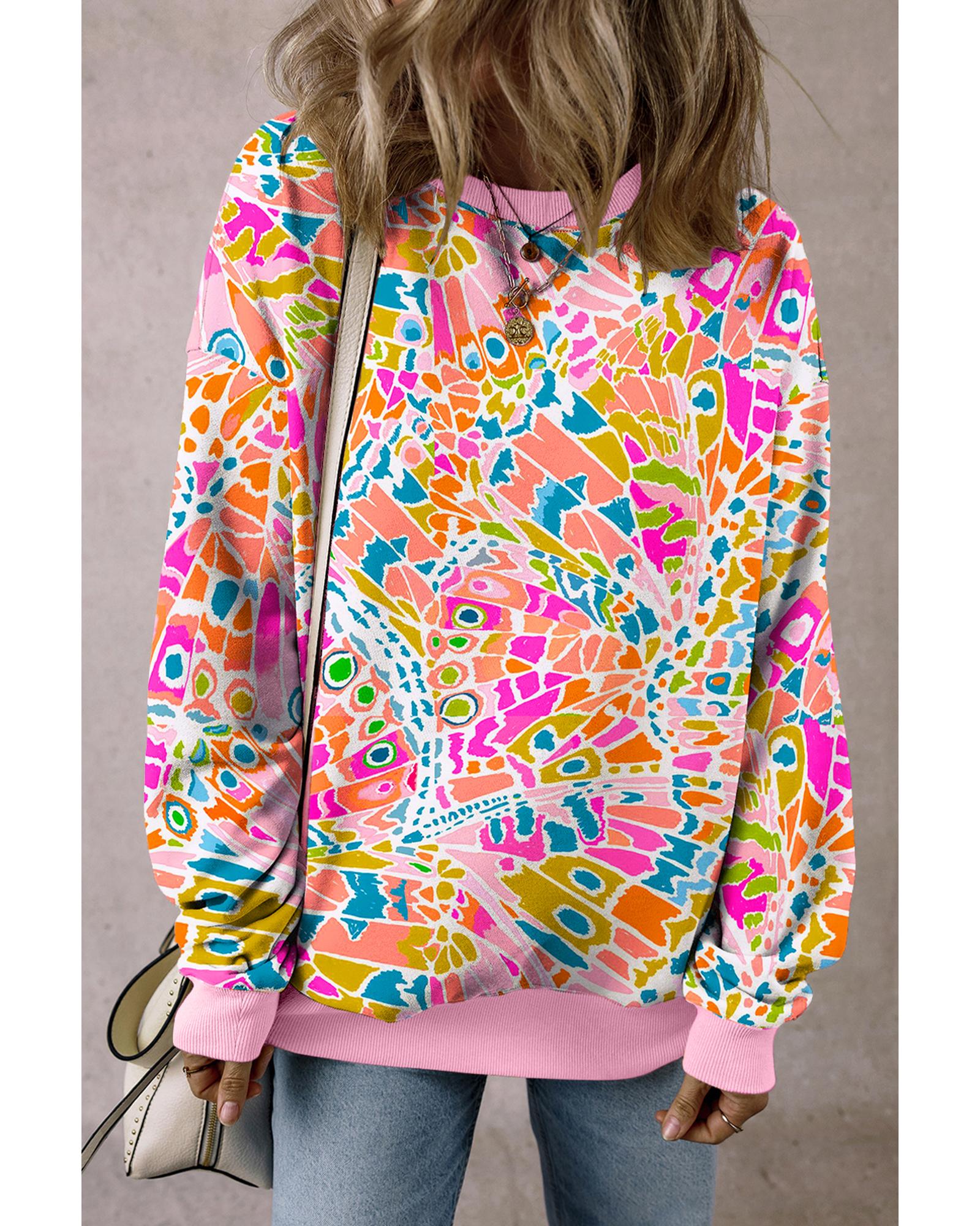 Pink Abstract Printed Drop Shoulder Loose Sweatshirt - S