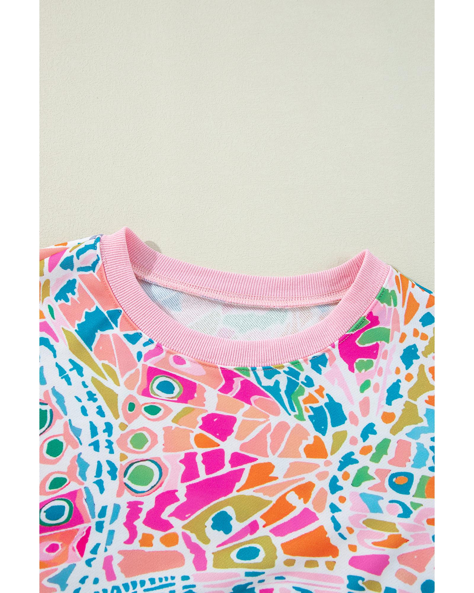 Pink Abstract Printed Drop Shoulder Loose Sweatshirt - S 4