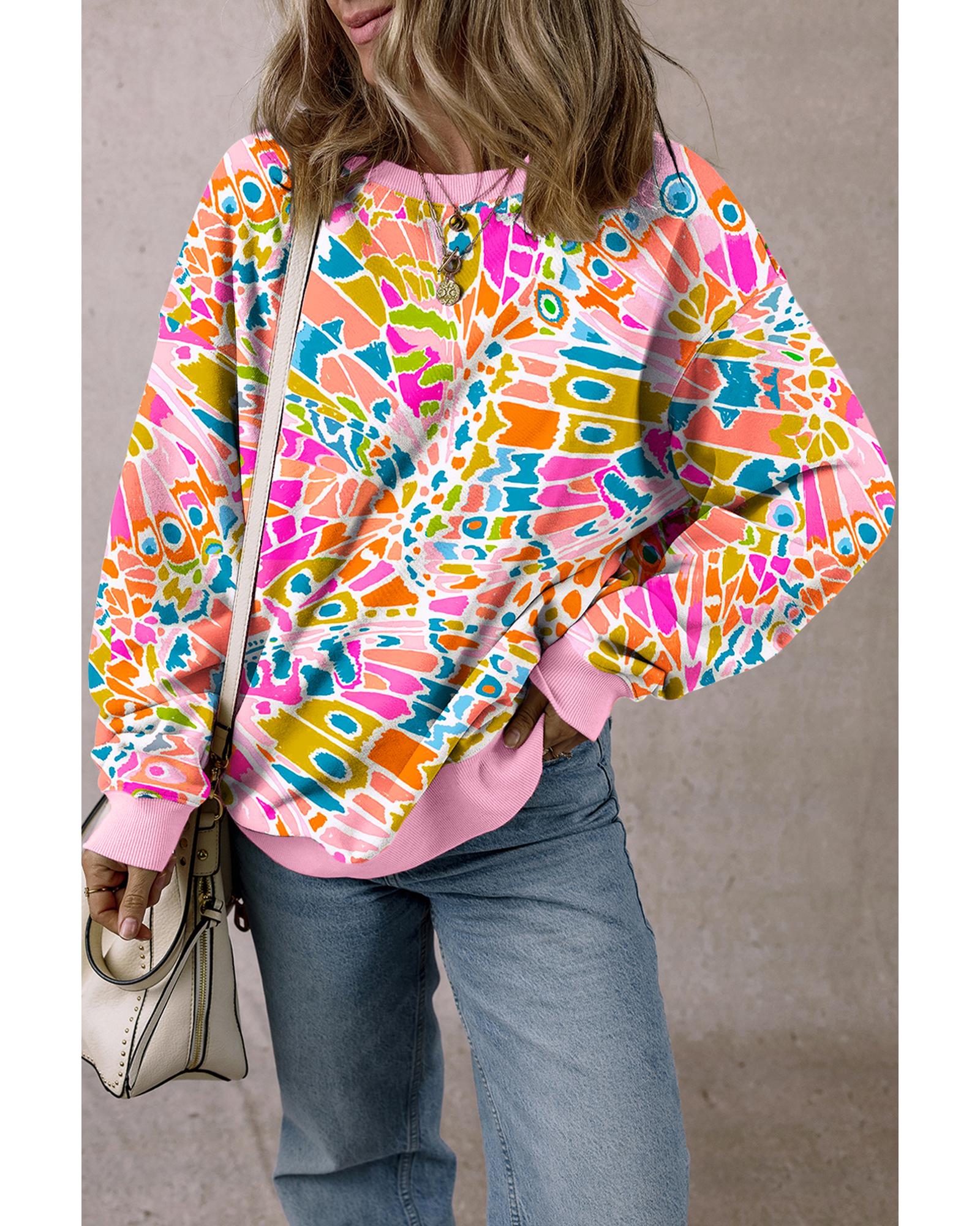 Pink Abstract Printed Drop Shoulder Loose Sweatshirt - S 6