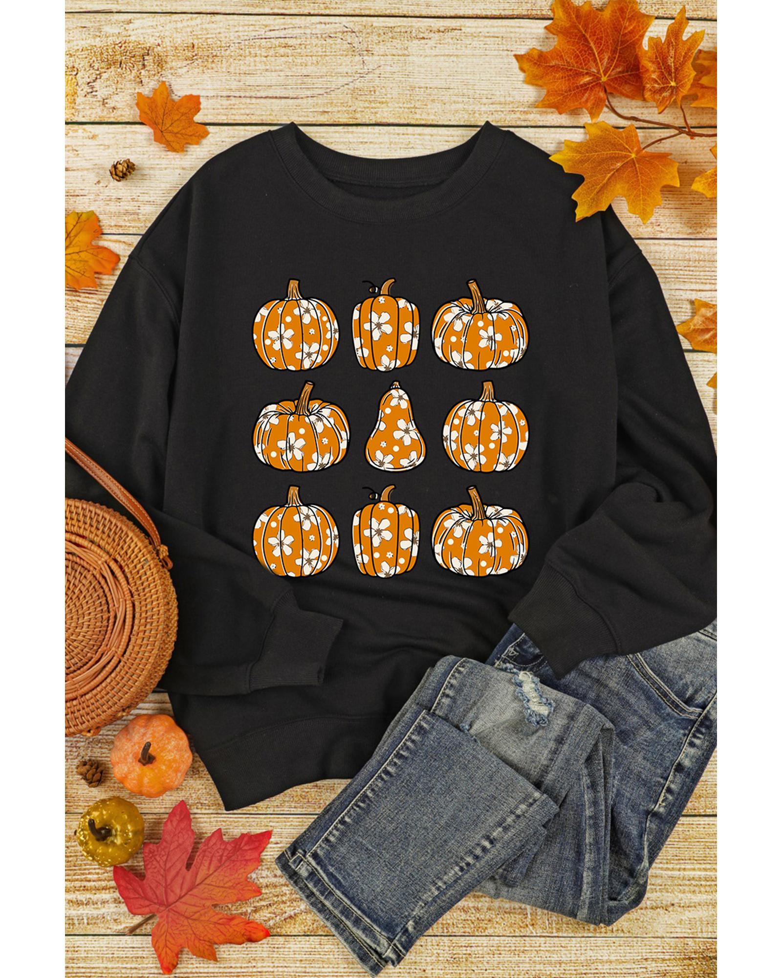Black Floral Pumpkin Graphic Round Neck Halloween Sweatshirt - L 3