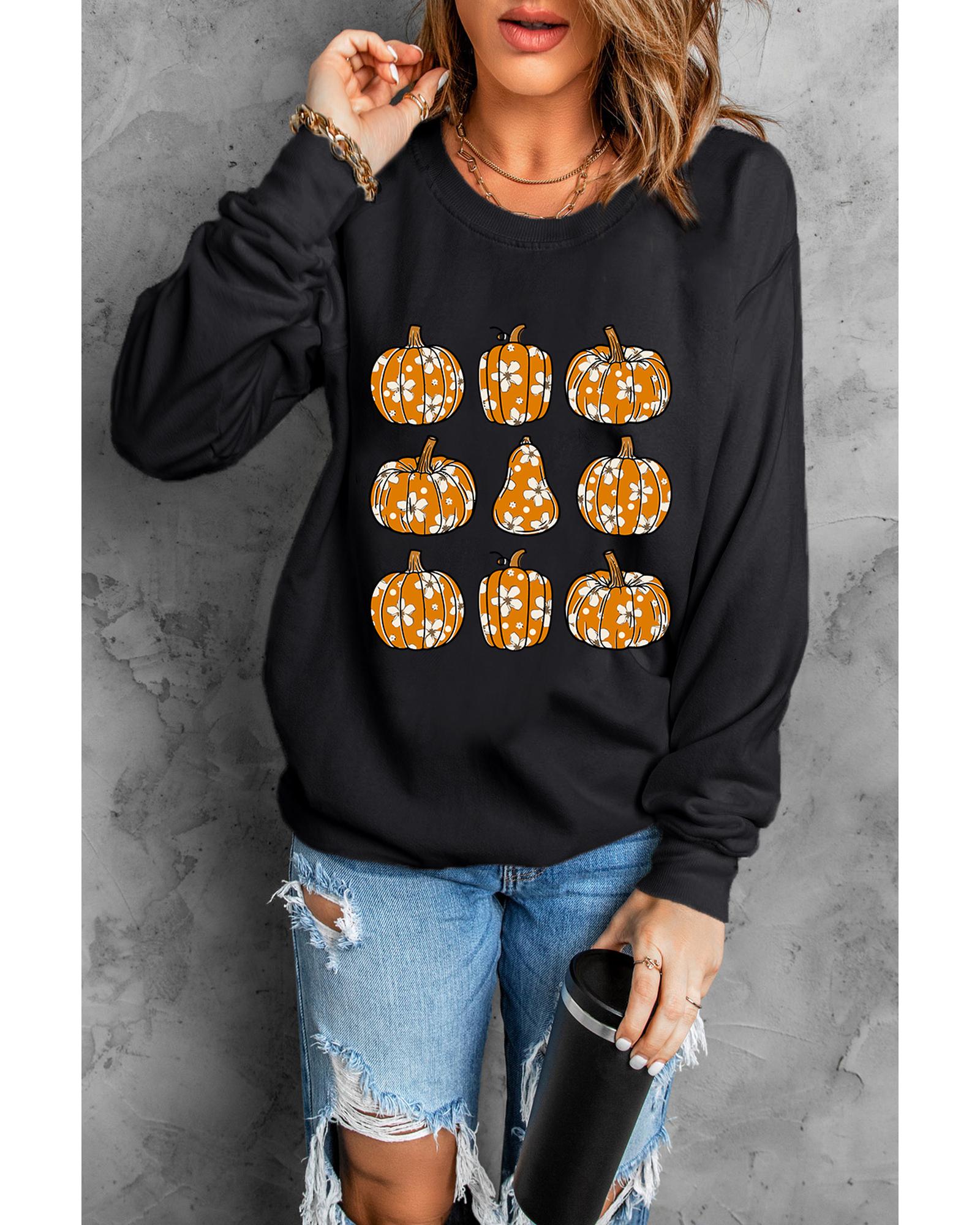 Black Floral Pumpkin Graphic Round Neck Halloween Sweatshirt - L 4