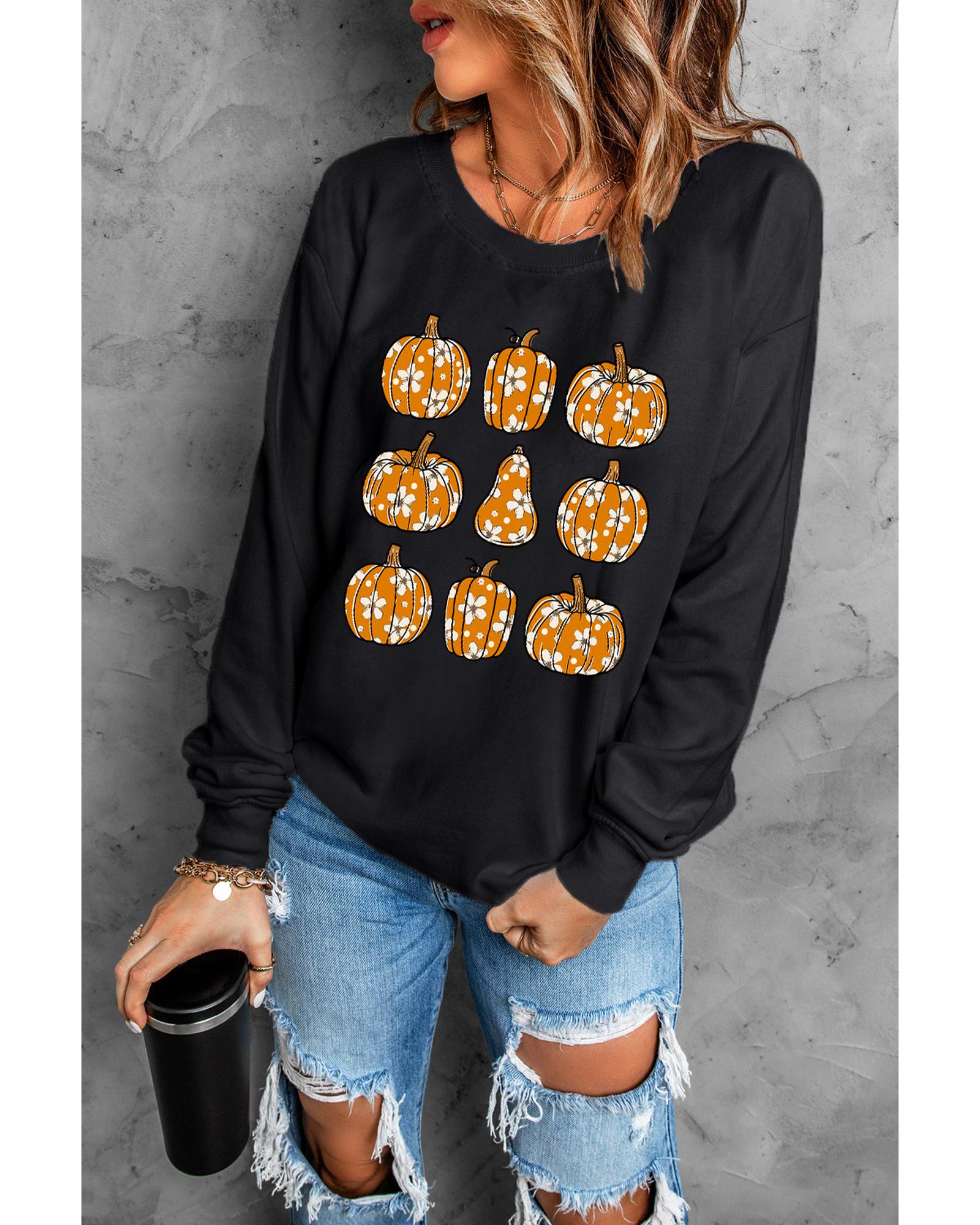 Black Floral Pumpkin Graphic Round Neck Halloween Sweatshirt - L 5