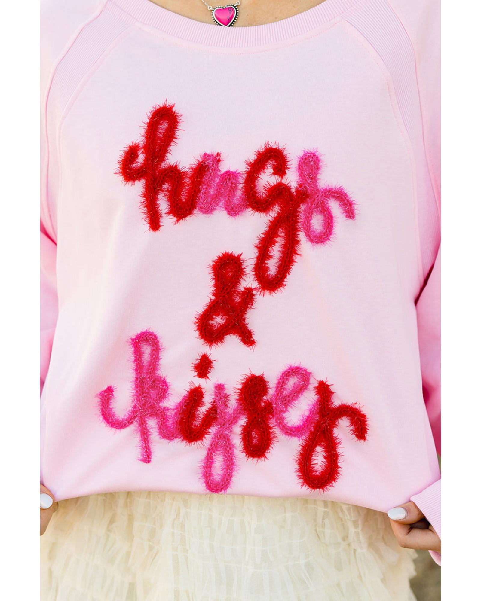Pink Hugs and Kisses Pop Up Embroidered Raglan Sleeve Sweatshirt - L