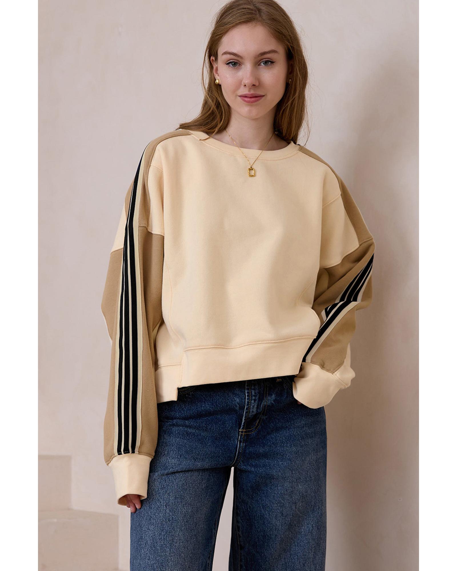 Beige Contrast Striped Patchwork Drop Shoulder Loose Sweatshirt - L