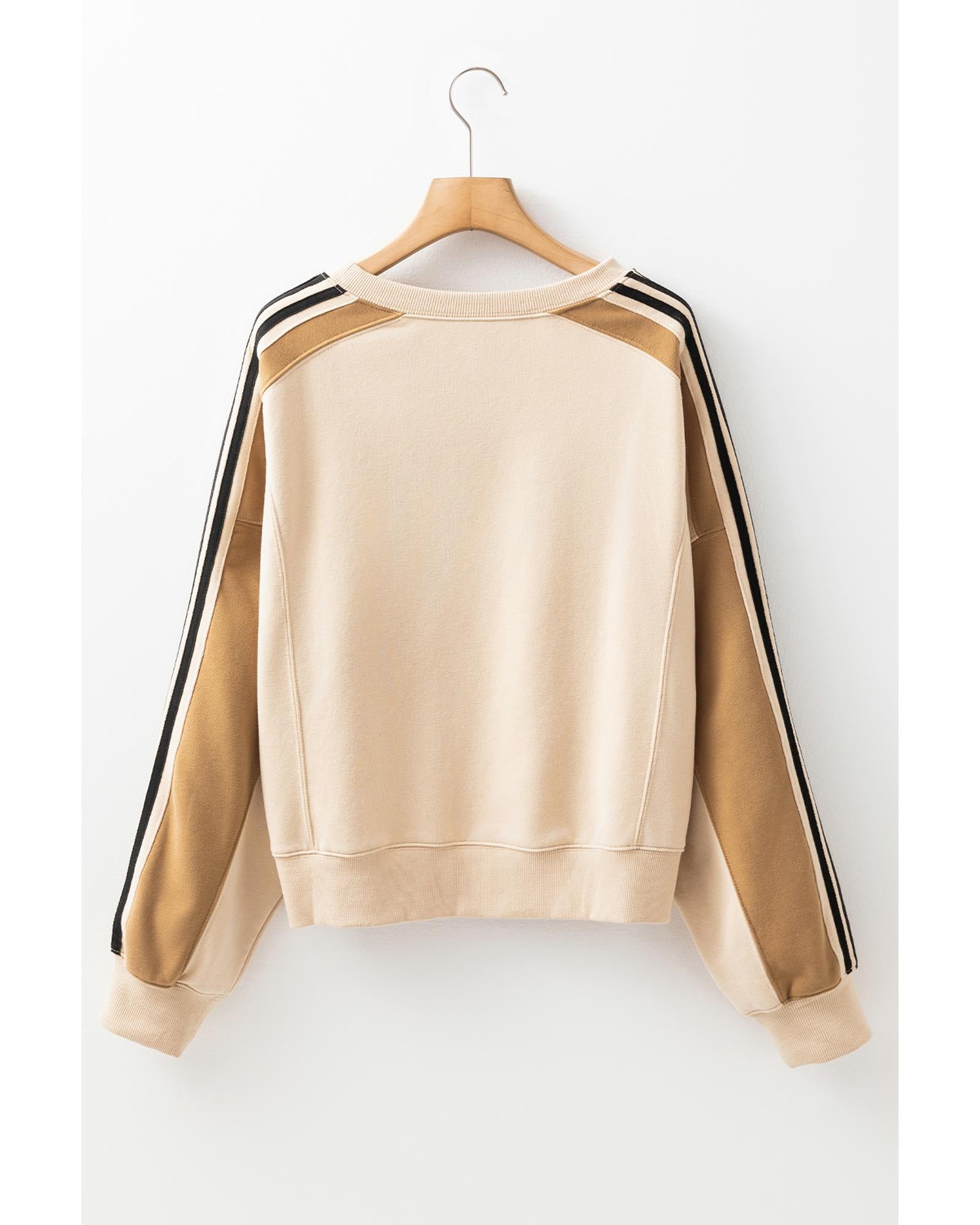 Beige Contrast Striped Patchwork Drop Shoulder Loose Sweatshirt - L 3