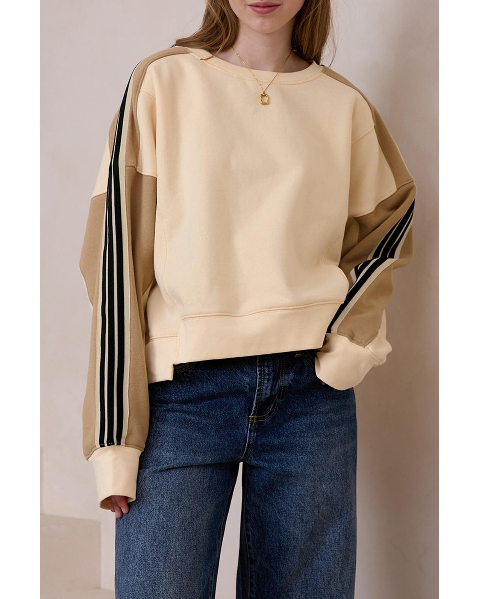 Beige Contrast Striped Patchwork Drop Shoulder Loose Sweatshirt - XL