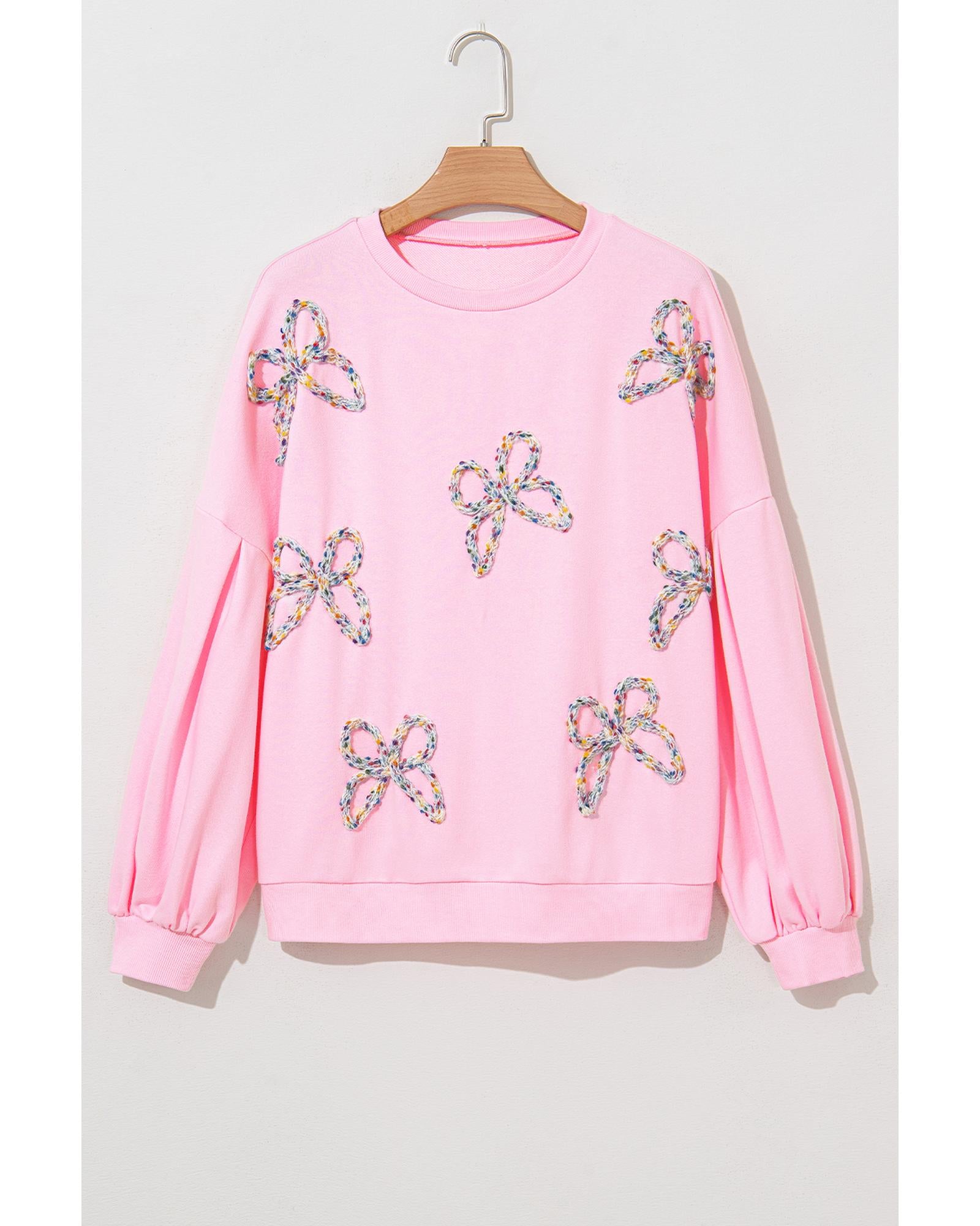 Light Pink Embroidered Bow Lantern Sleeve Oversized Pullover Sweatshirt - 3XL 3