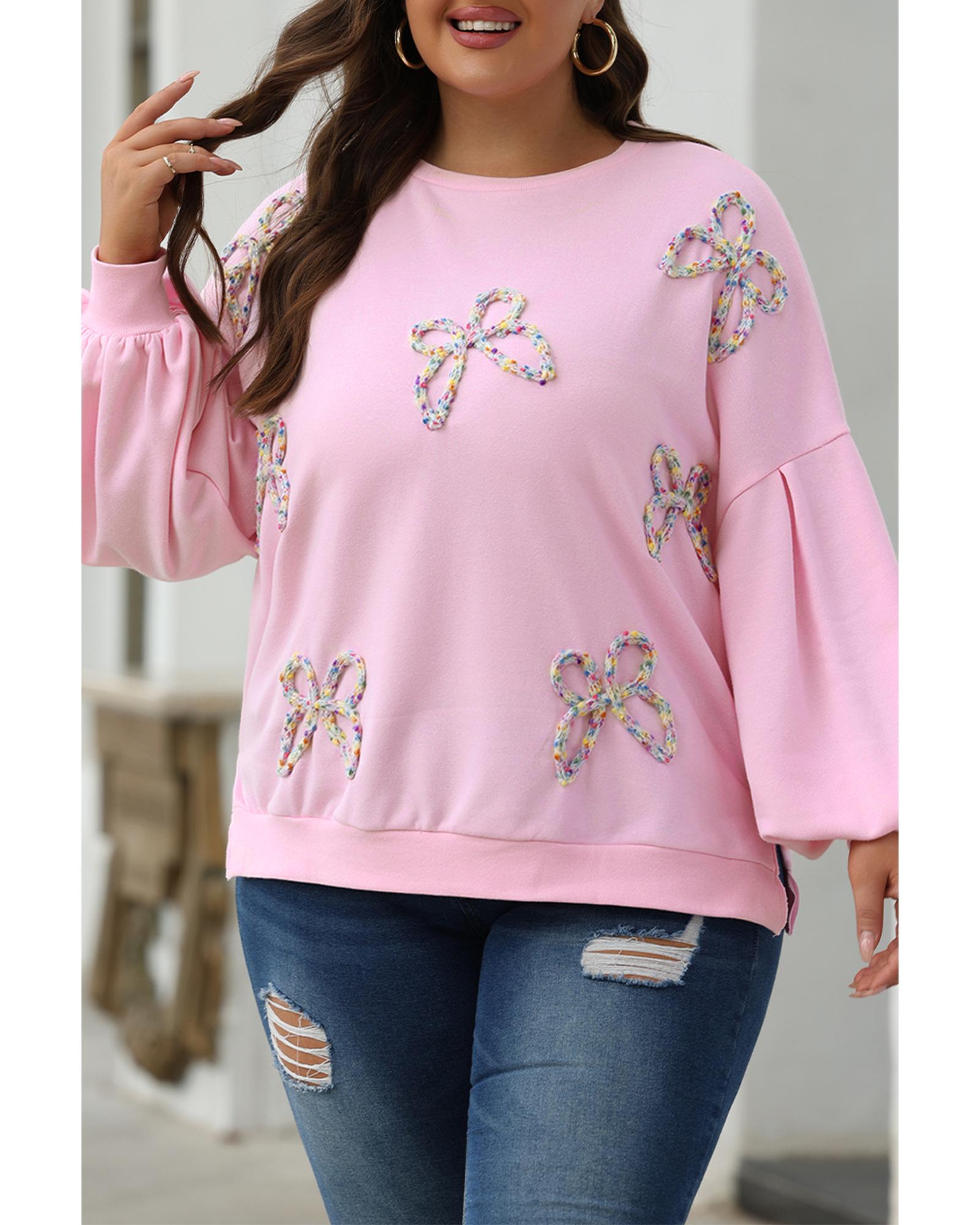 Light Pink Embroidered Bow Lantern Sleeve Oversized Pullover Sweatshirt - 3XL 6