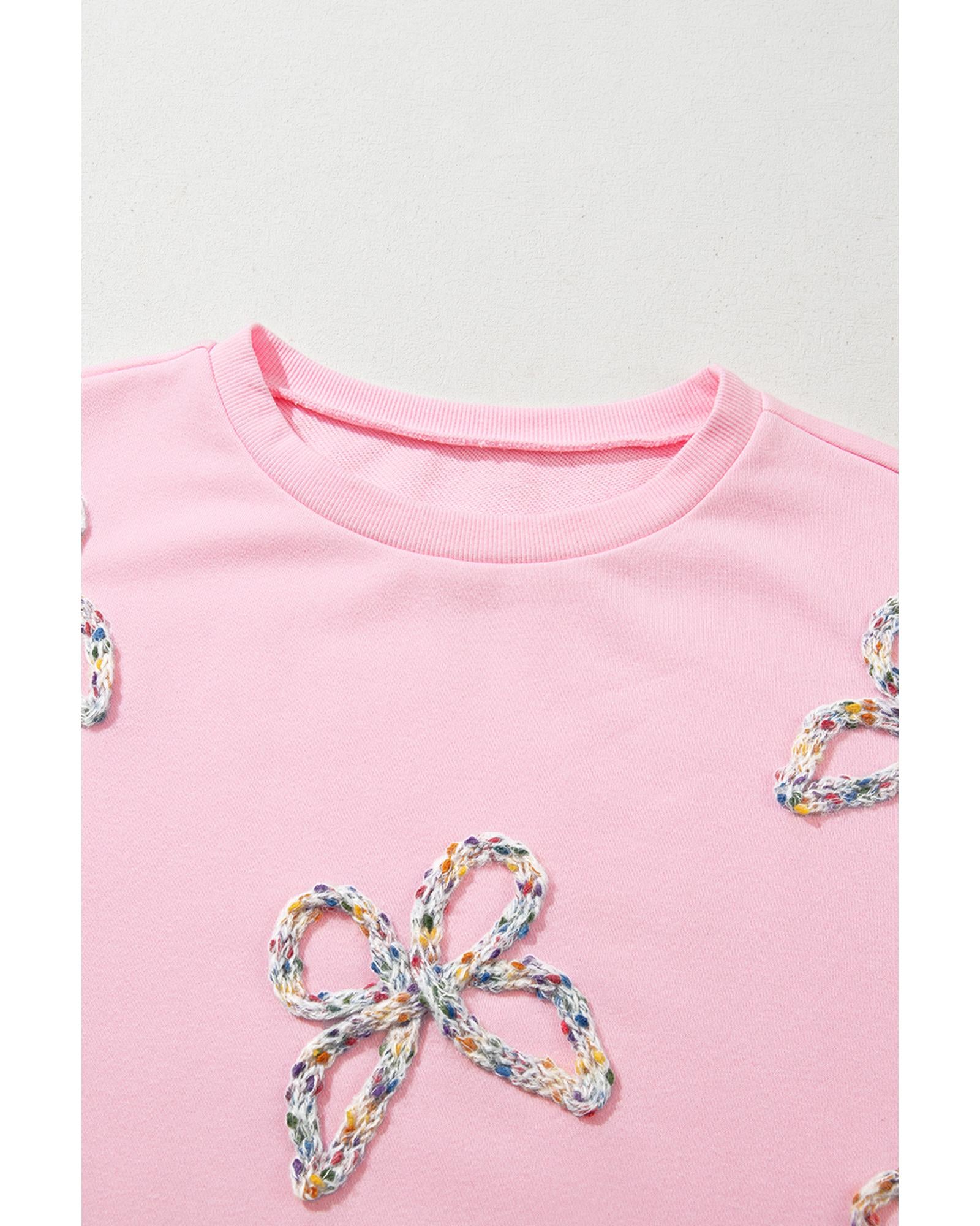 Light Pink Embroidered Bow Lantern Sleeve Oversized Pullover Sweatshirt - L 4