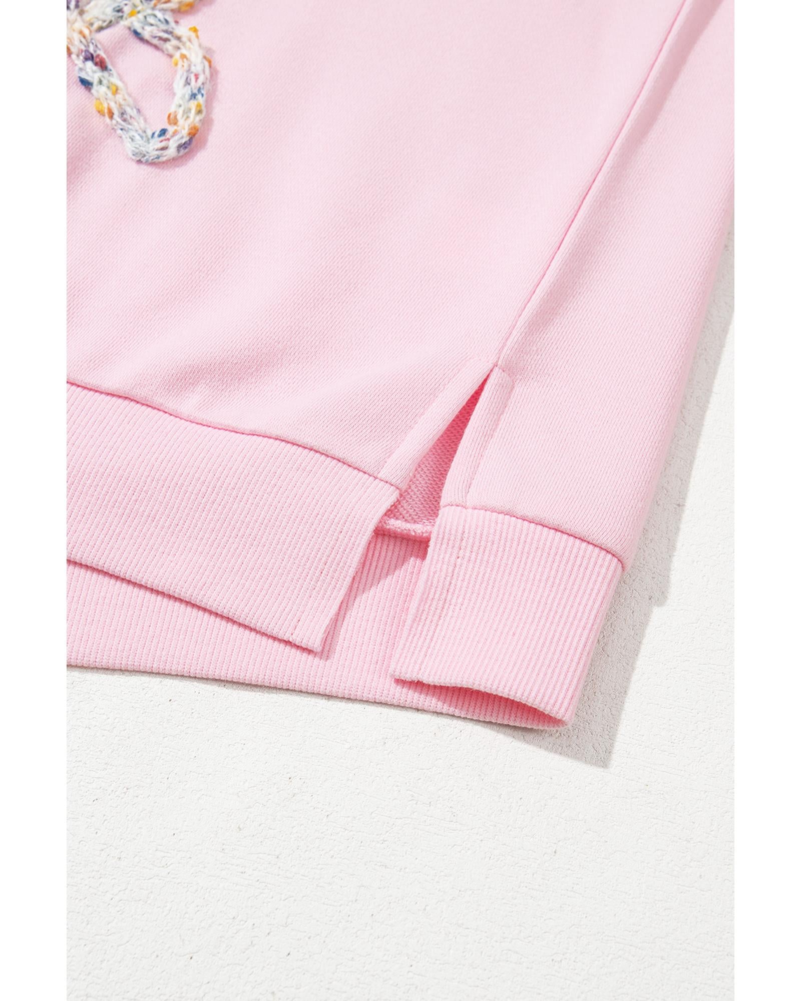 Light Pink Embroidered Bow Lantern Sleeve Oversized Pullover Sweatshirt - L 5