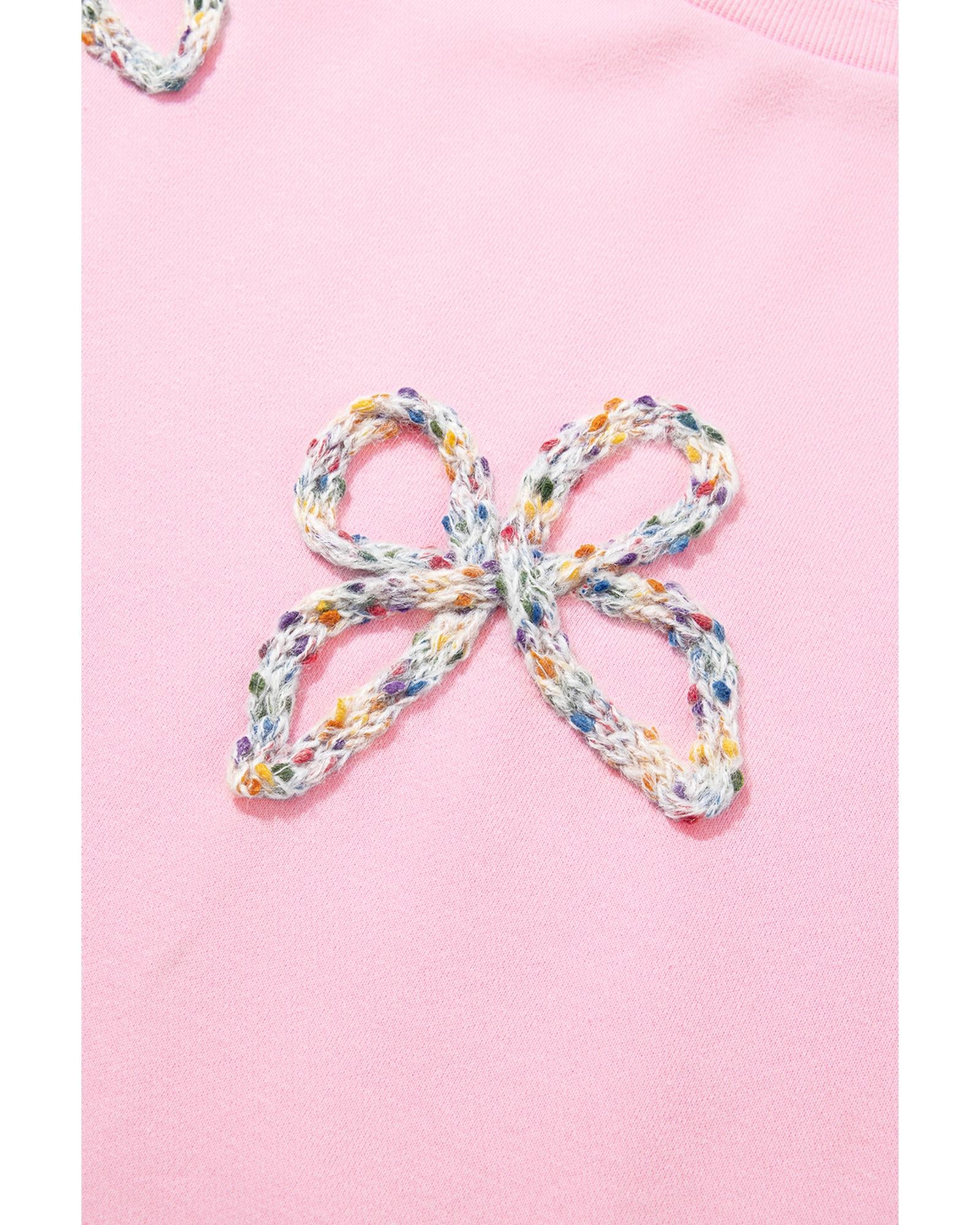 Light Pink Embroidered Bow Lantern Sleeve Oversized Pullover Sweatshirt - L 7