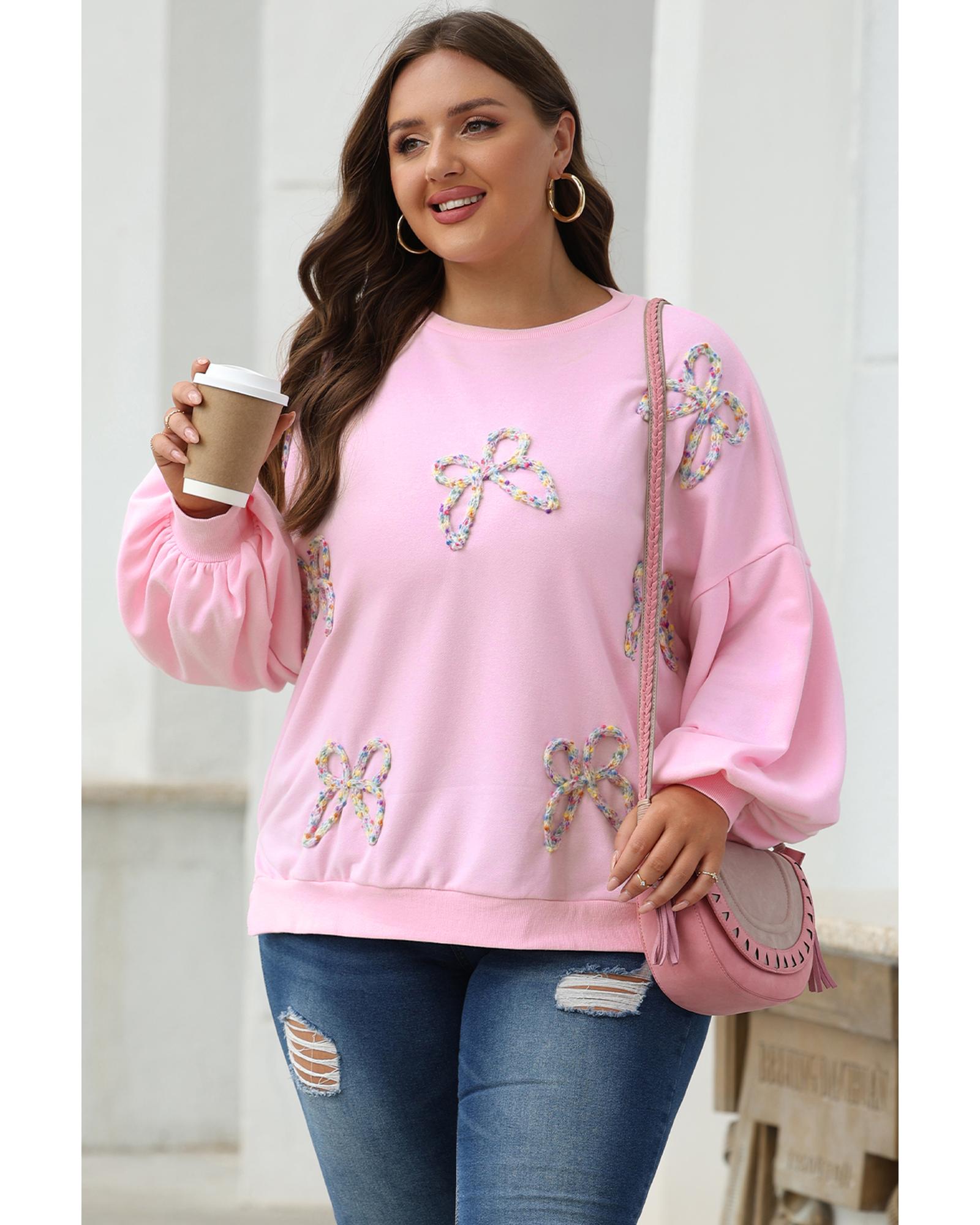Light Pink Embroidered Bow Lantern Sleeve Oversized Pullover Sweatshirt - M 8