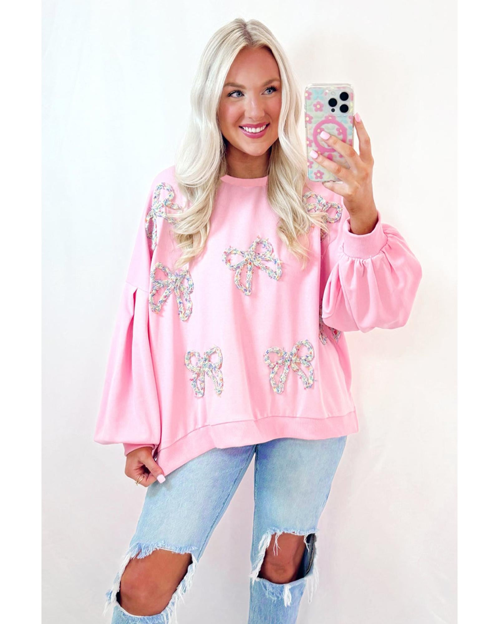 Light Pink Embroidered Bow Lantern Sleeve Oversized Pullover Sweatshirt - XL