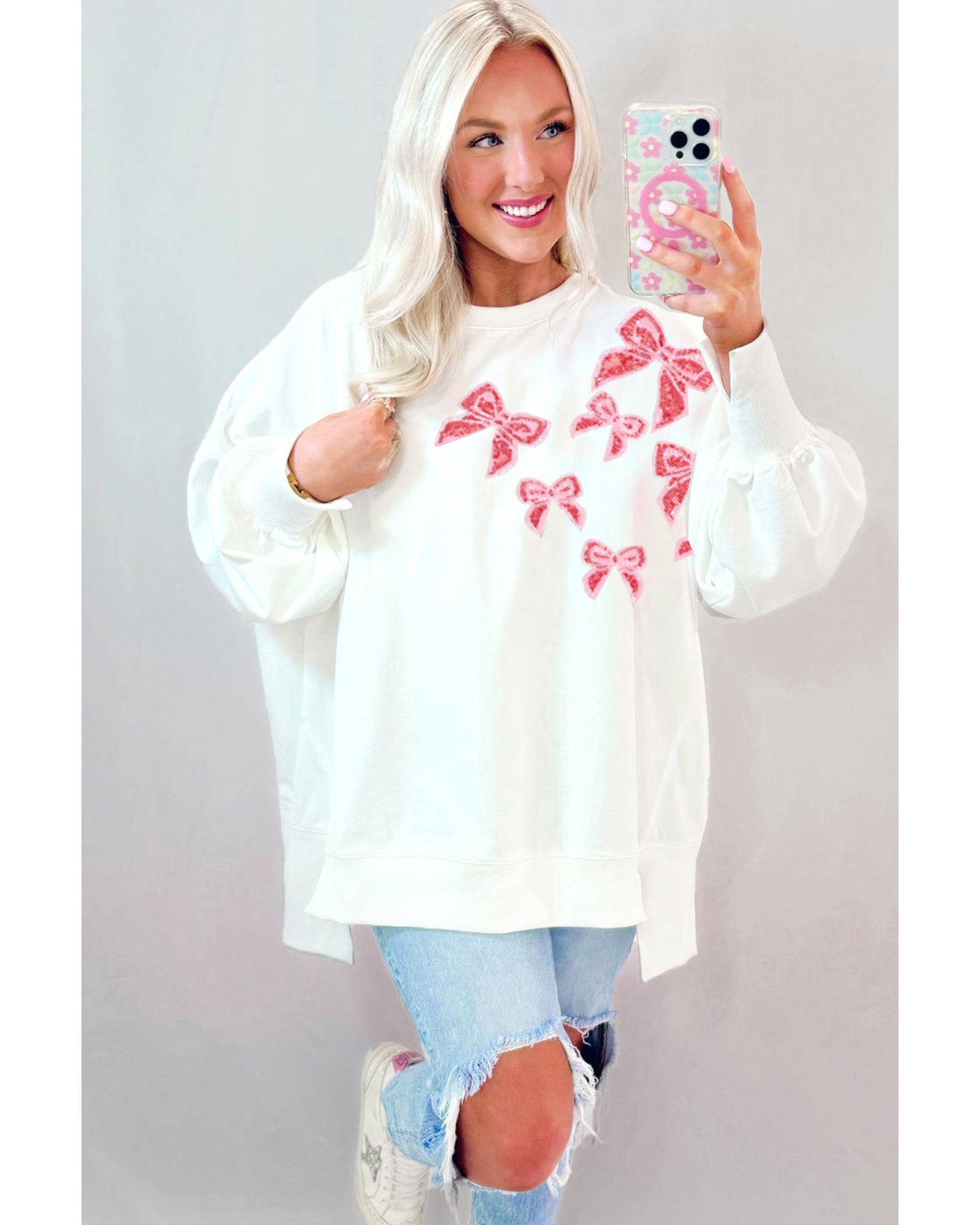 White Sequin Bowknot High Low Oversize Sweatshirt - M 3