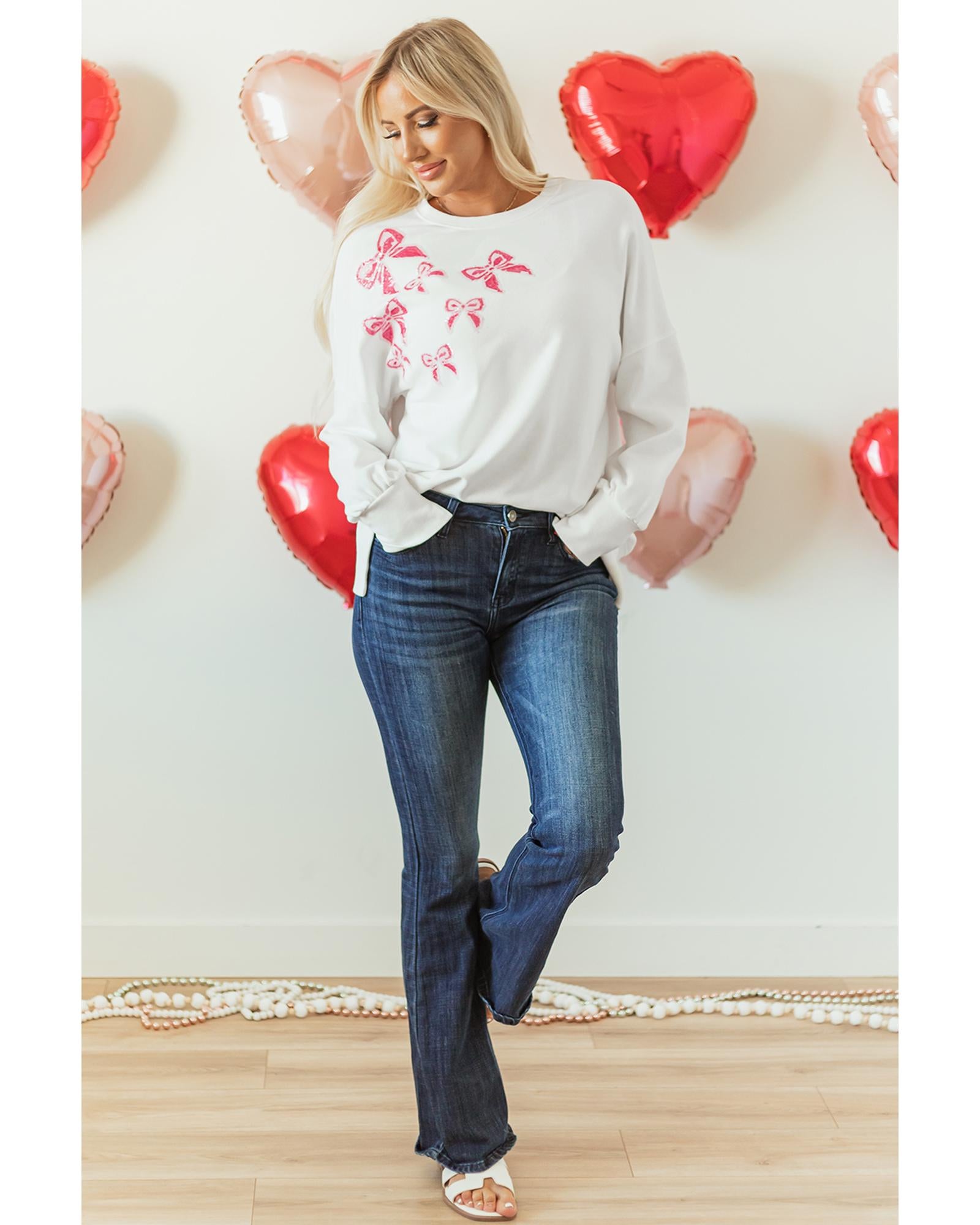 White Sequin Bowknot High Low Oversize Sweatshirt - S 7