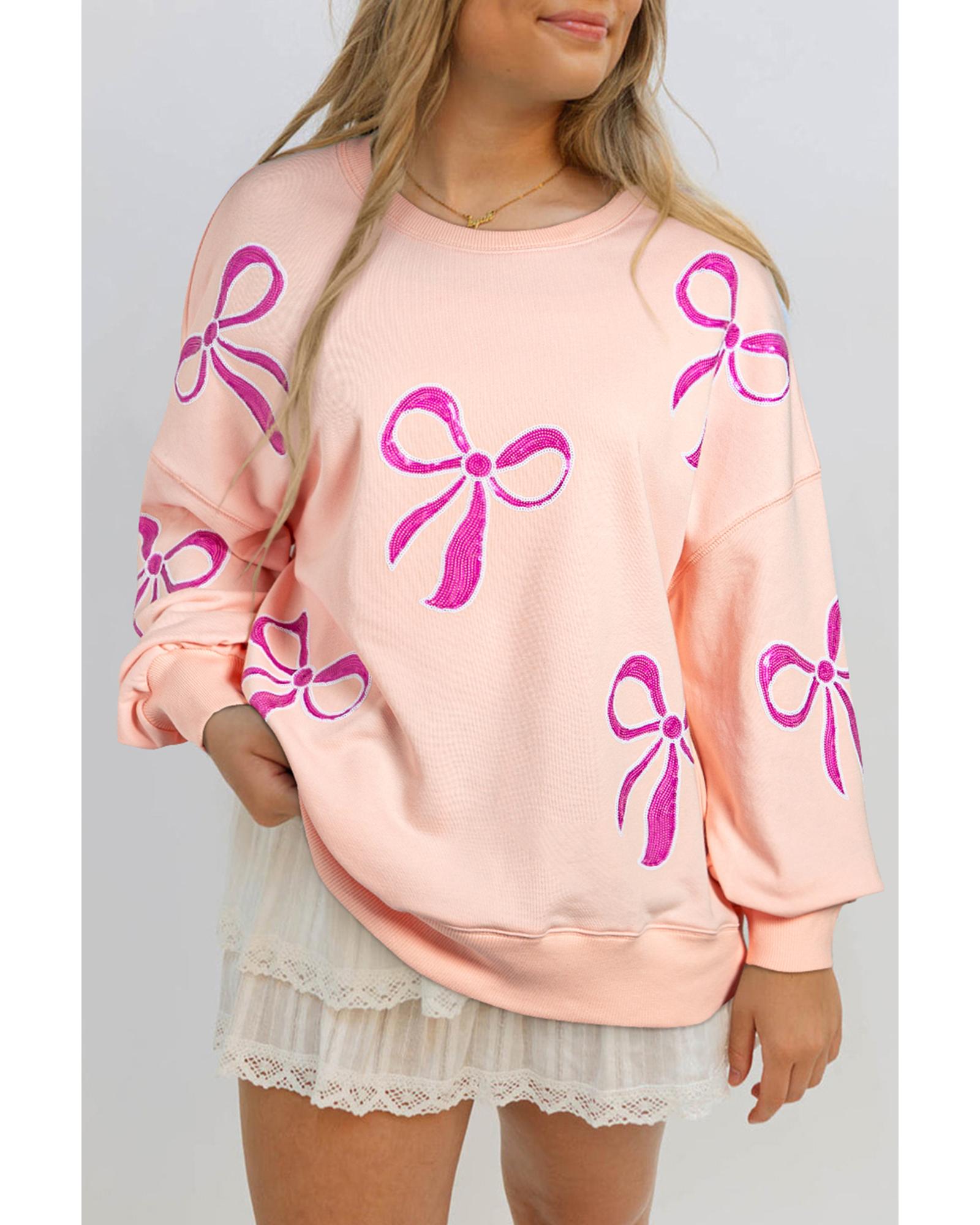 Apricot Pink Sequined Bowknot Drop Shoulder Oversized Sweatshirt - L 4