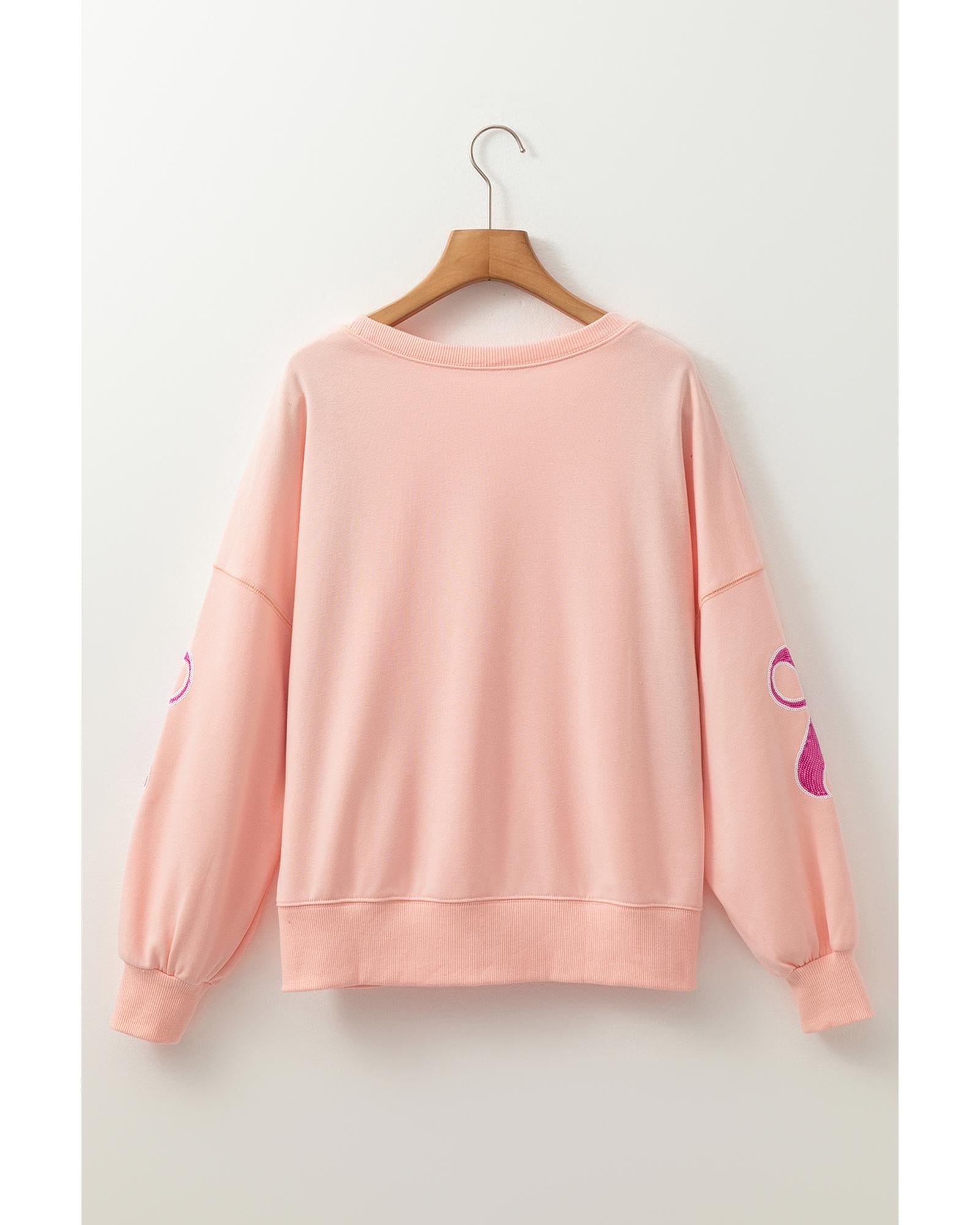 Apricot Pink Sequined Bowknot Drop Shoulder Oversized Sweatshirt - M