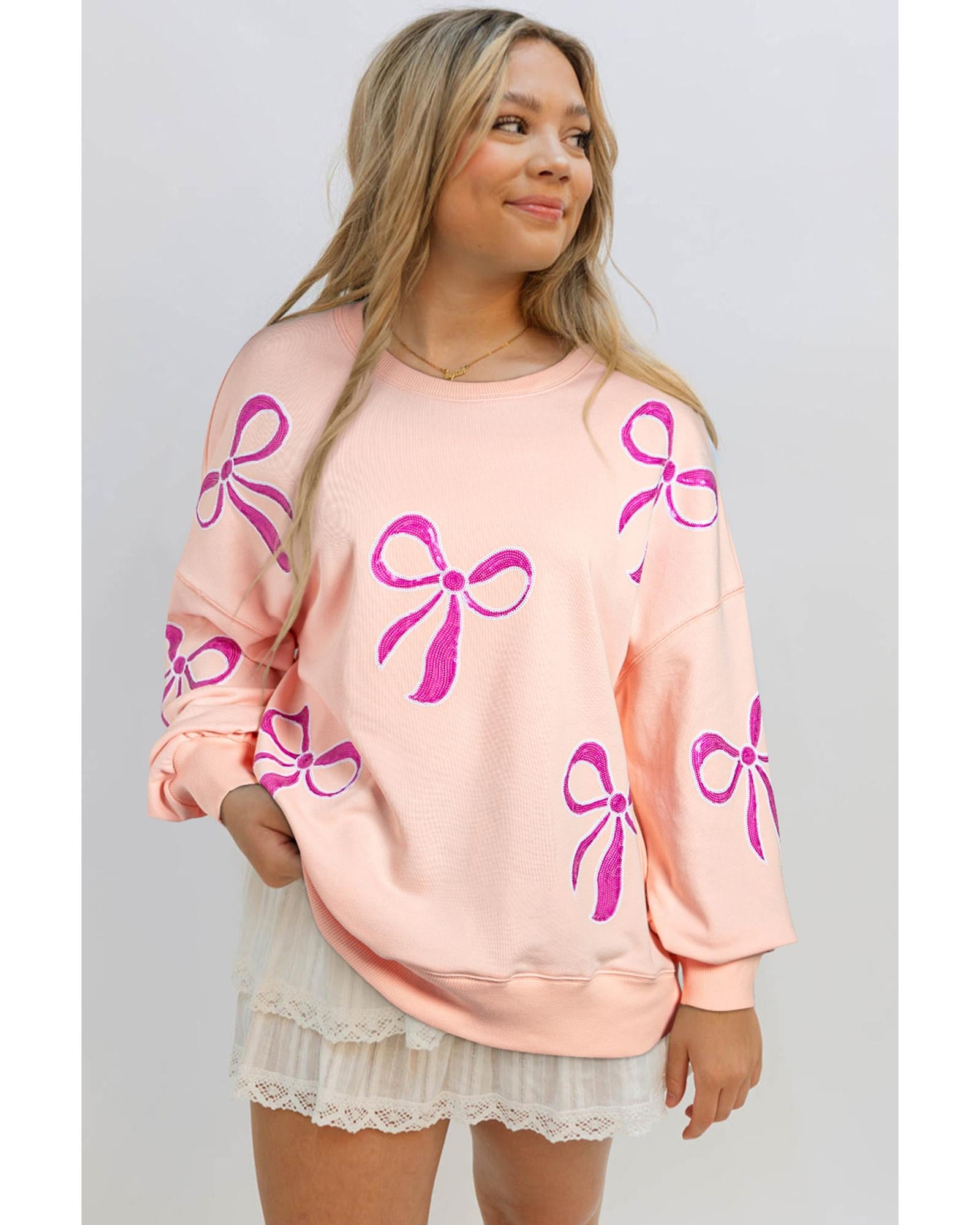 Apricot Pink Sequined Bowknot Drop Shoulder Oversized Sweatshirt - M 3