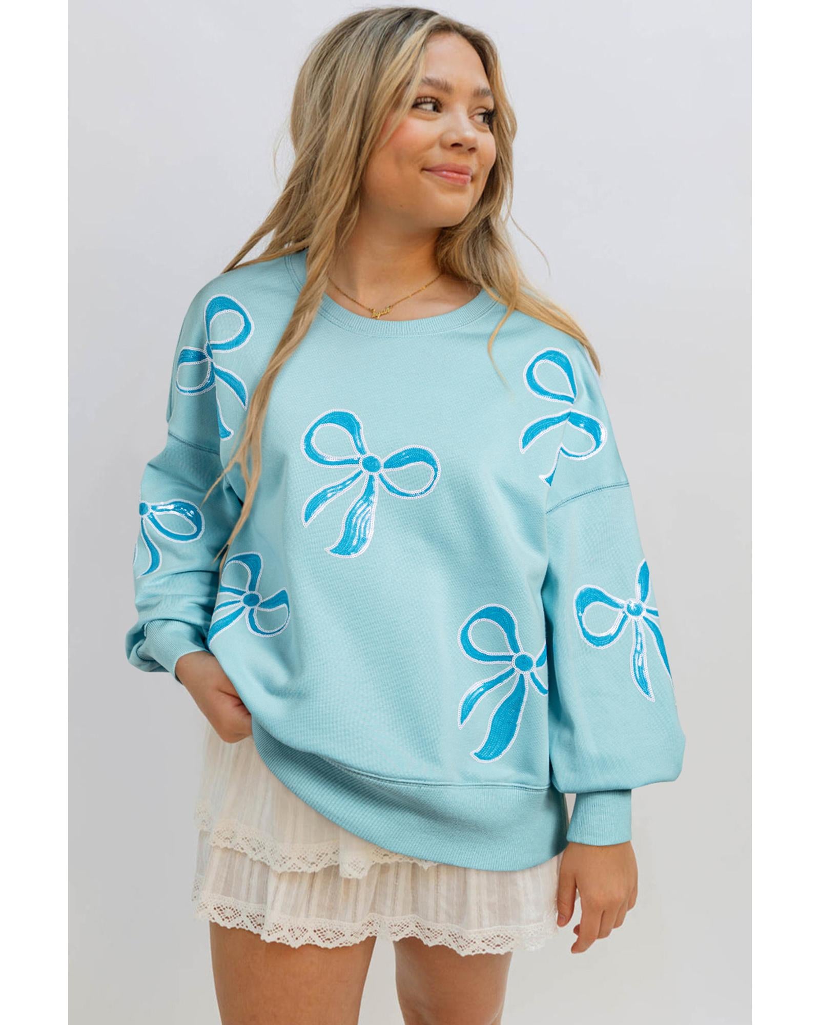 Beau Blue Sequined Bowknot Drop Shoulder Oversized Sweatshirt - M