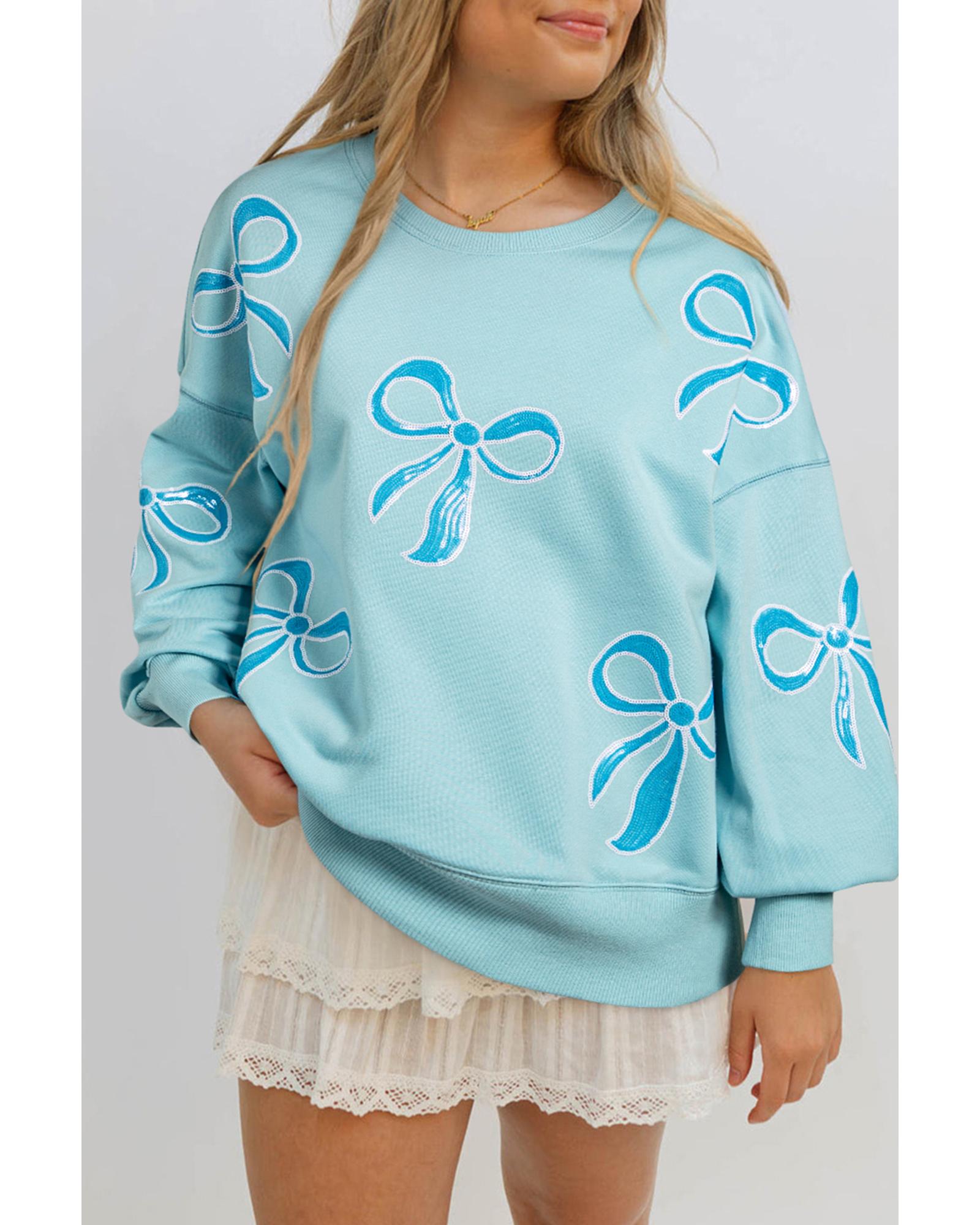 Beau Blue Sequined Bowknot Drop Shoulder Oversized Sweatshirt - XL 5