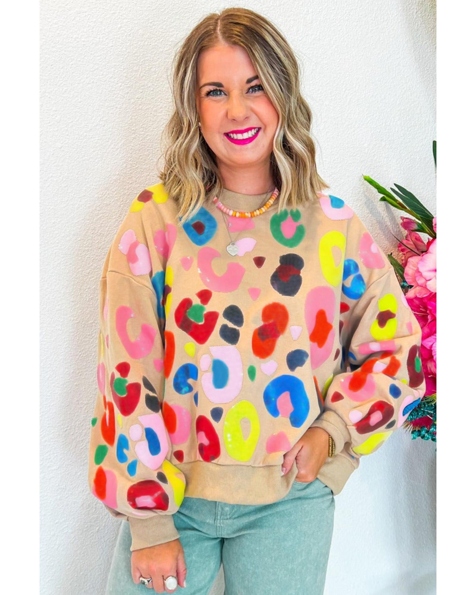 Khaki Multicolor Leopard Printed Drop Shoulder Pullover Sweatshirt - S
