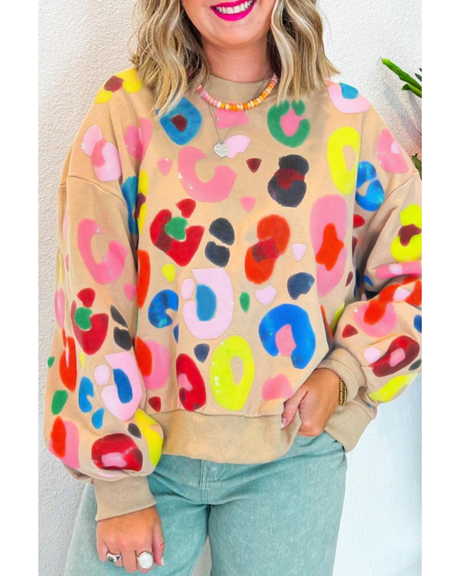 Khaki Multicolor Leopard Printed Drop Shoulder Pullover Sweatshirt - S 4