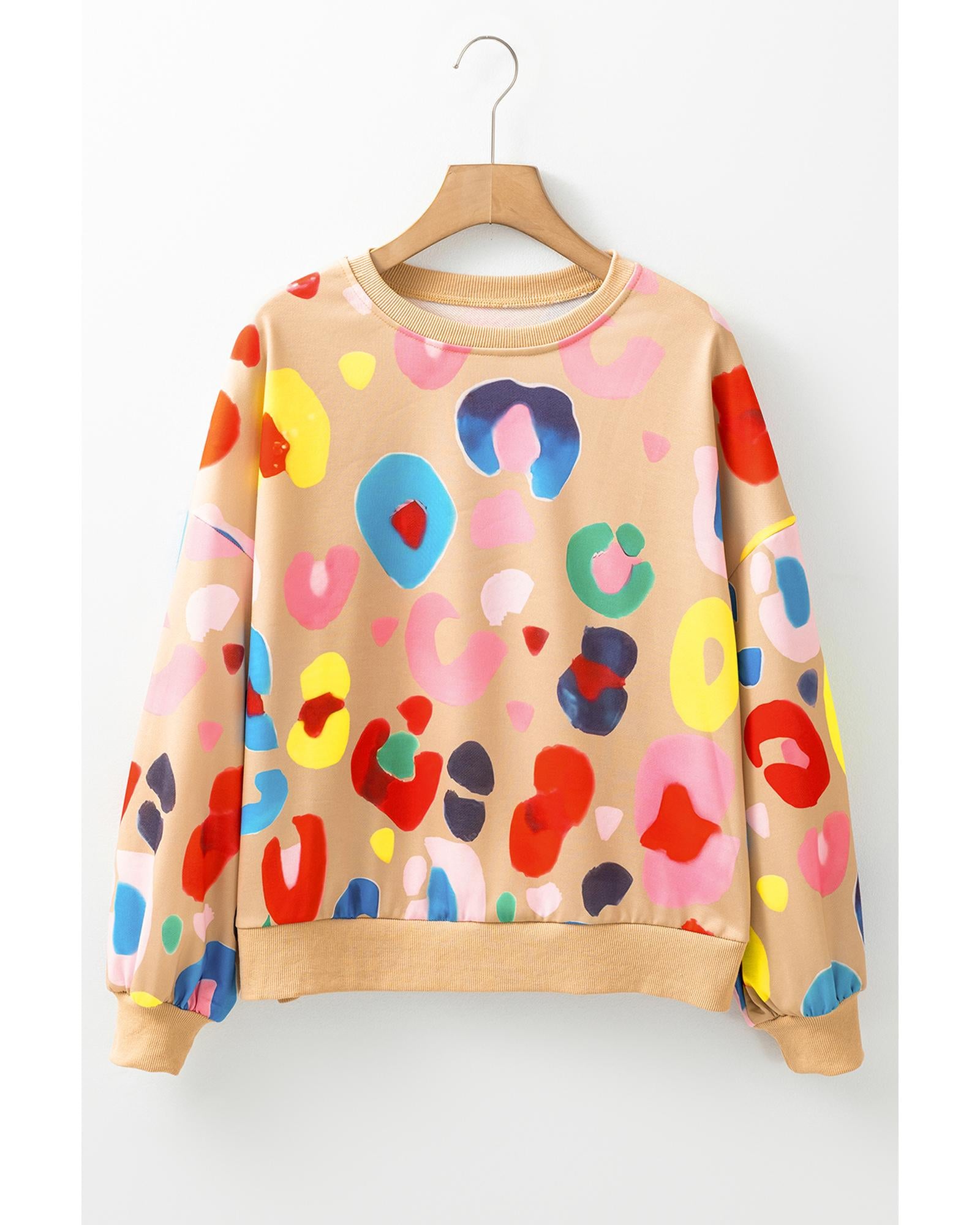 Khaki Multicolor Leopard Printed Drop Shoulder Pullover Sweatshirt - S 5