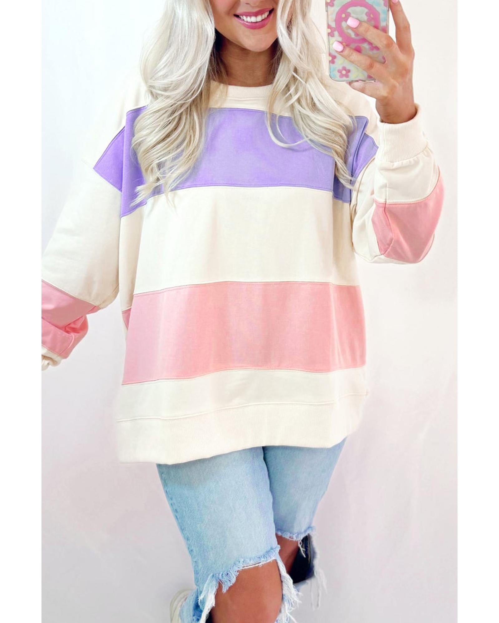 Beige Colorblock Patchwork Drop Shoulder Crewneck Sweatshirt - L 3