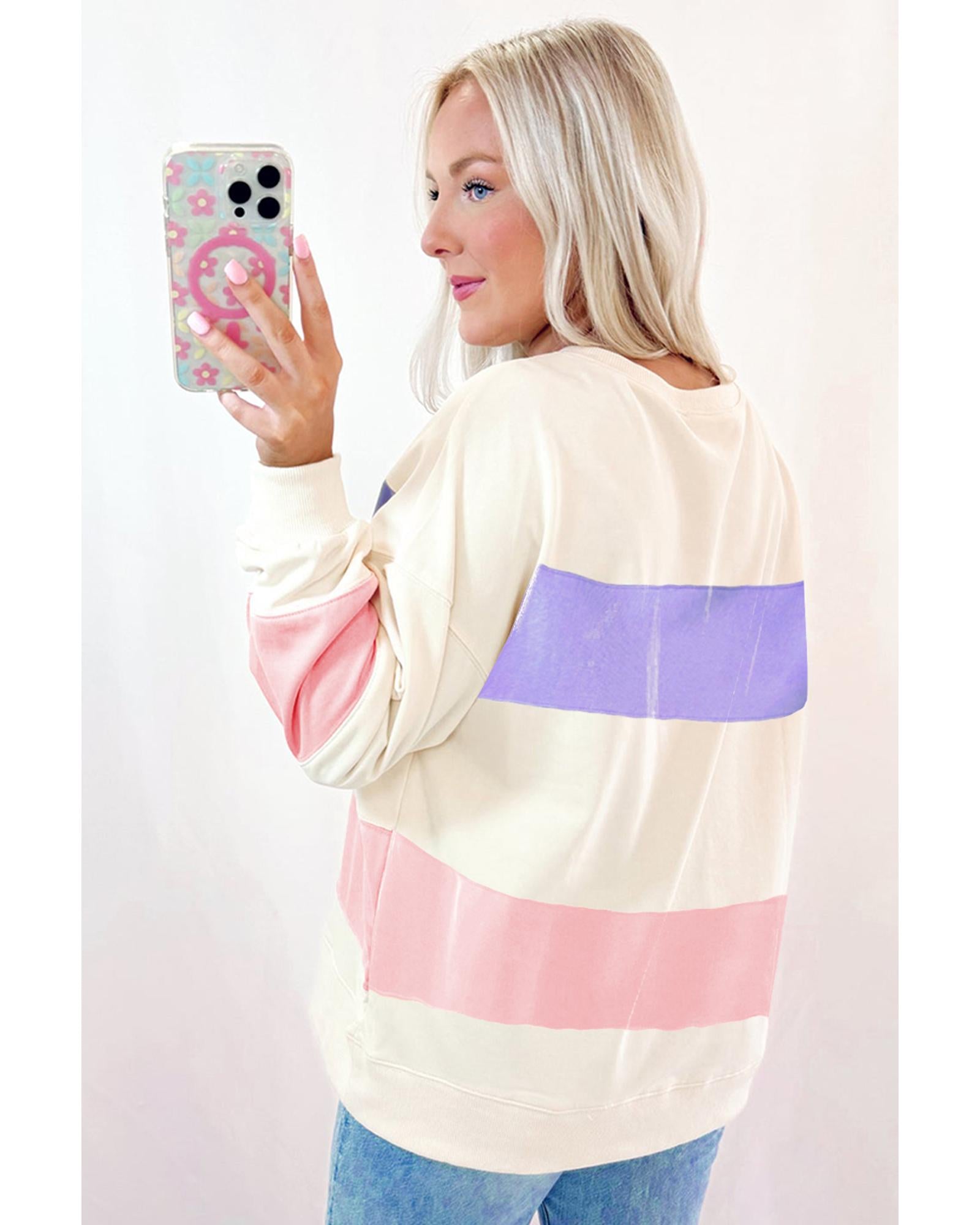 Beige Colorblock Patchwork Drop Shoulder Crewneck Sweatshirt - S 4