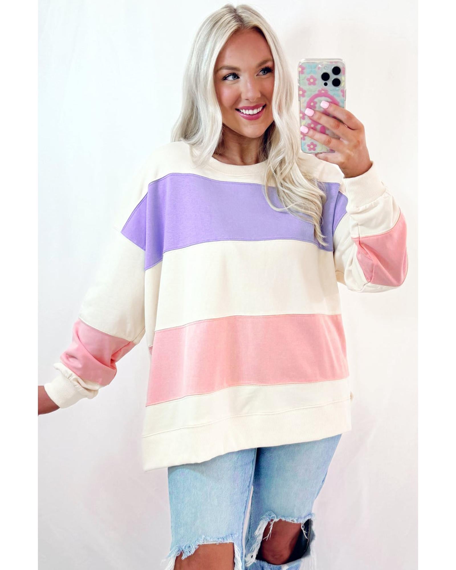Beige Colorblock Patchwork Drop Shoulder Crewneck Sweatshirt - S 5