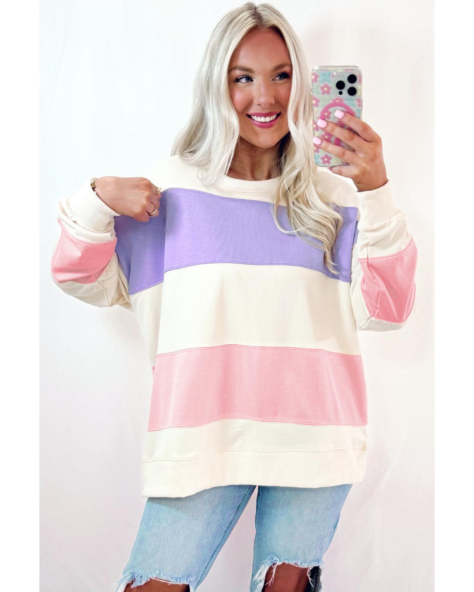Beige Colorblock Patchwork Drop Shoulder Crewneck Sweatshirt - S 7