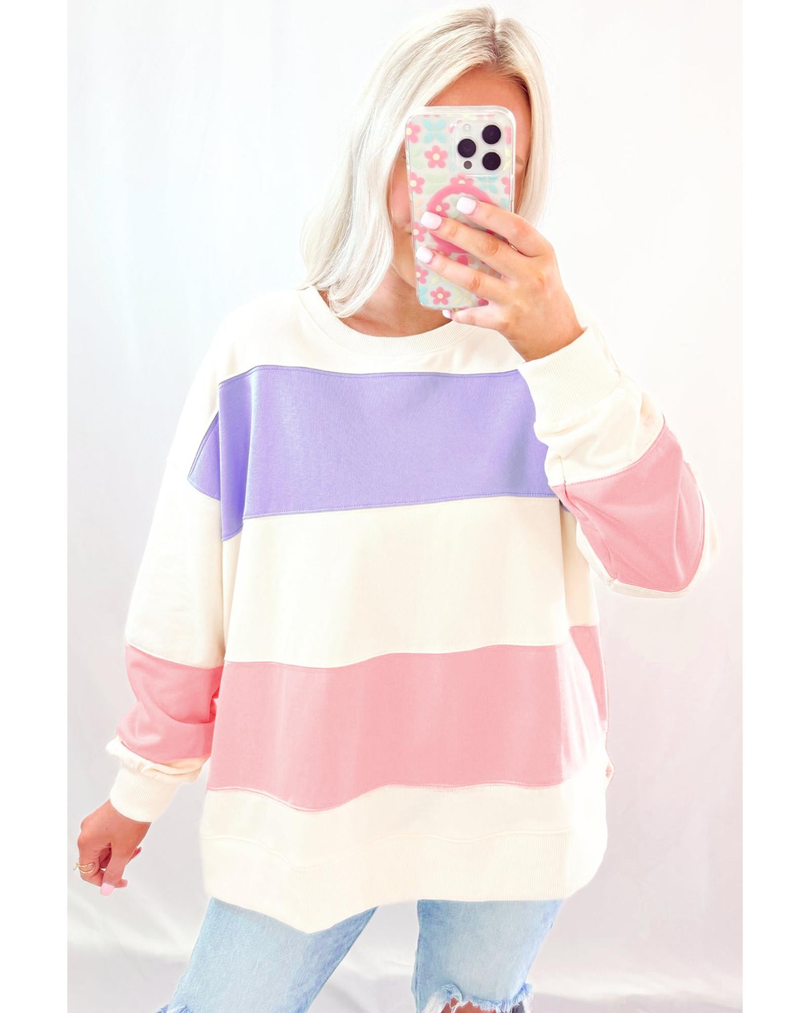 Beige Colorblock Patchwork Drop Shoulder Crewneck Sweatshirt - XL