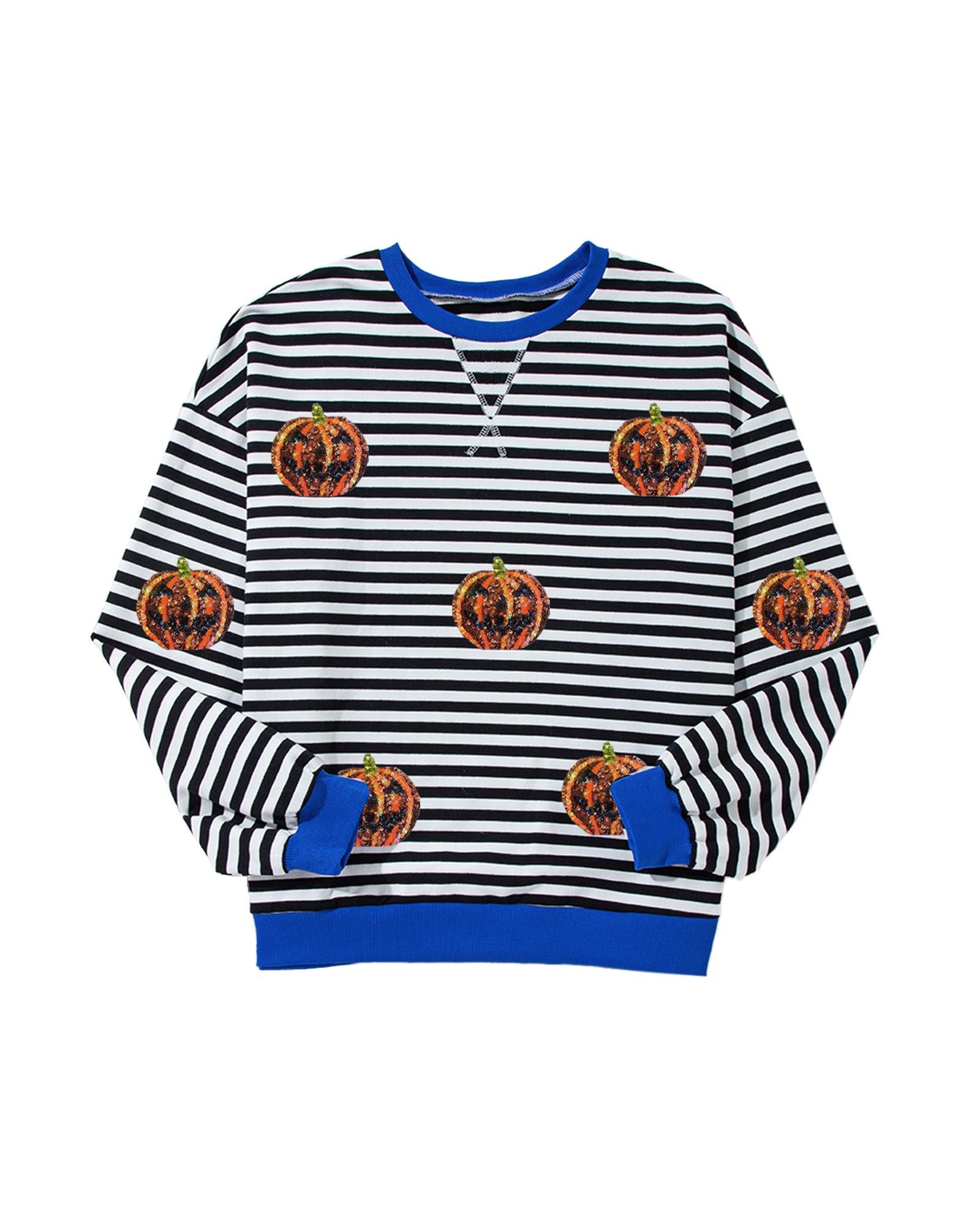 Black Stripe Funny Halloween Pumpkin Face Pattern Oversize Sweatshirt - L