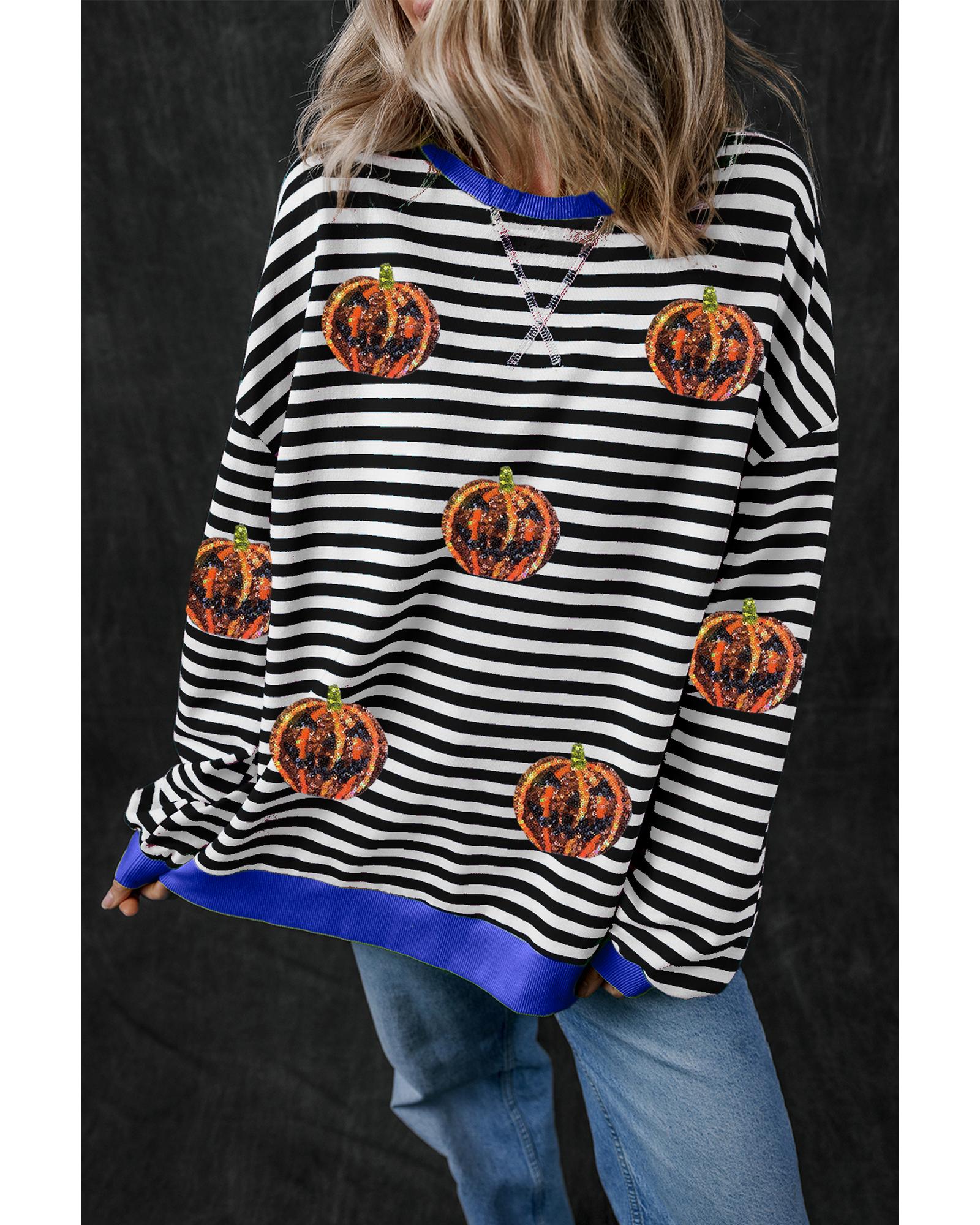 Black Stripe Funny Halloween Pumpkin Face Pattern Oversize Sweatshirt - XL 3