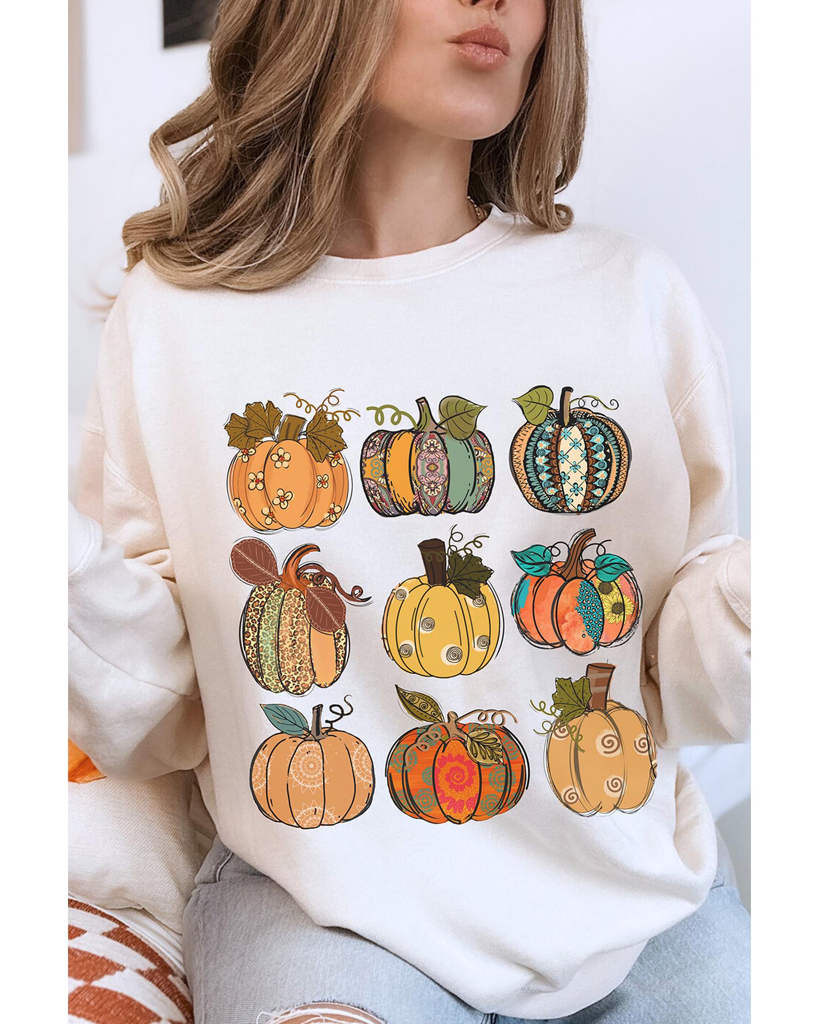 Beige Thanksgiving Pumpkin Print Drop Shoulder Sweatshirt - M 4