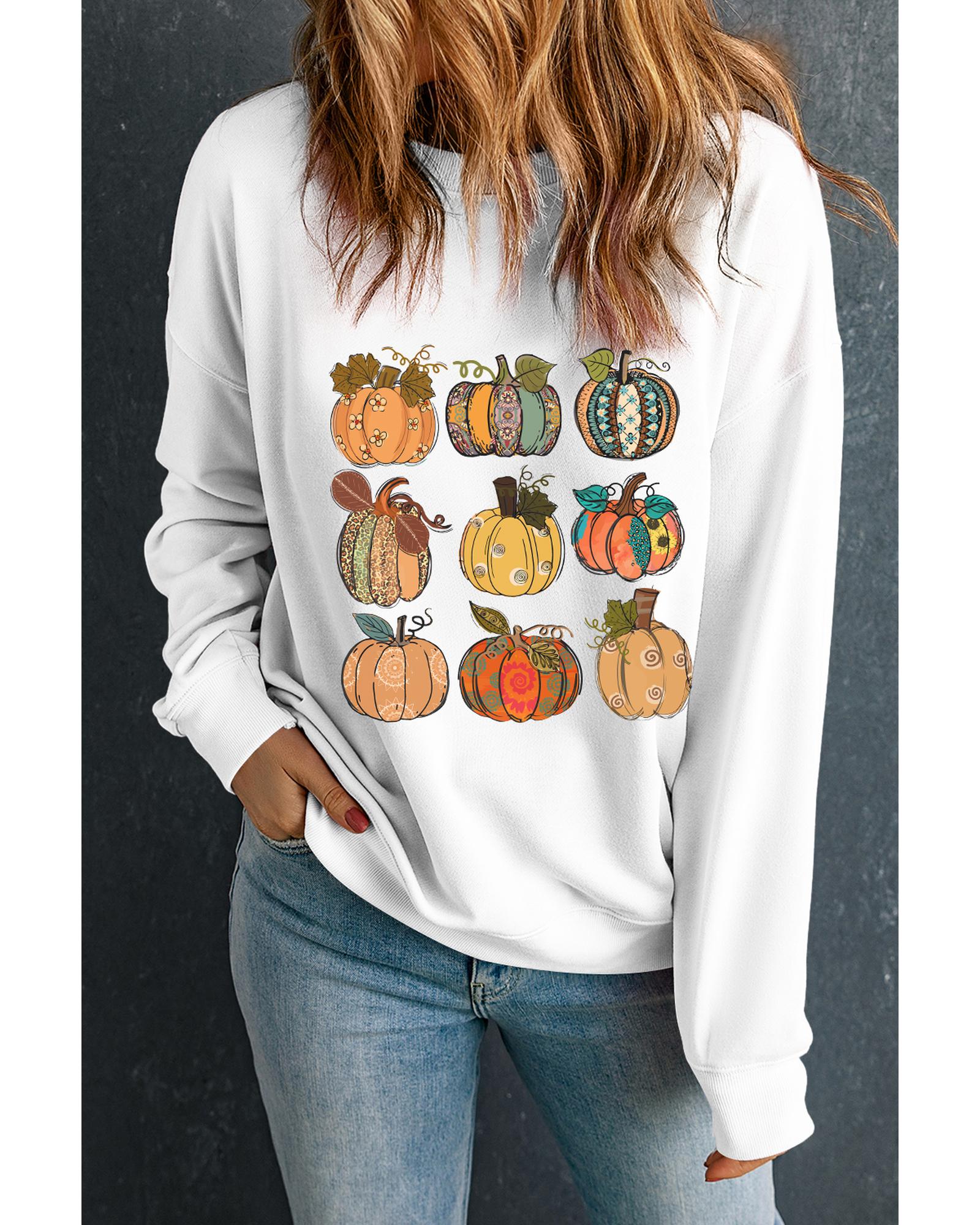 Beige Thanksgiving Pumpkin Print Drop Shoulder Sweatshirt - M 5