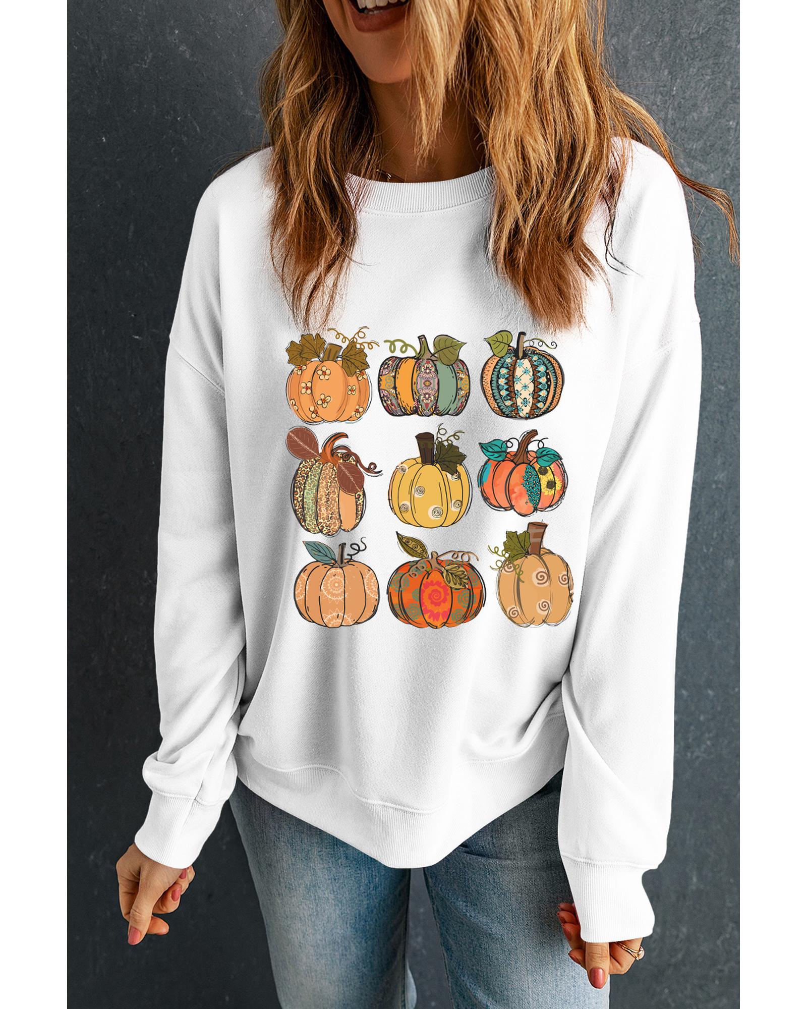 Beige Thanksgiving Pumpkin Print Drop Shoulder Sweatshirt - S