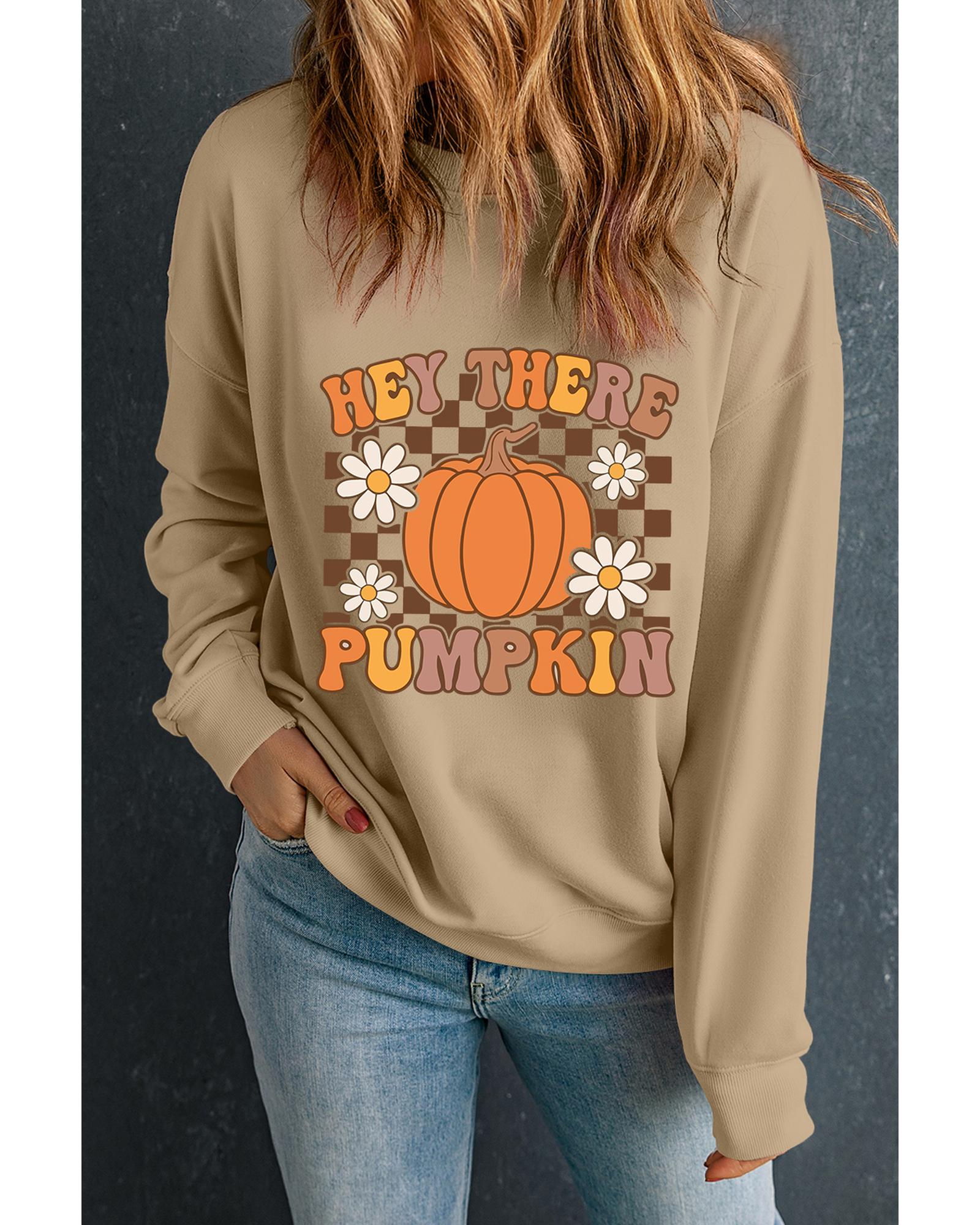 Khaki Floral Checkered Pumpkin Graphic Drop Shoulder Thanksgiving Sweatshirt - 2XL