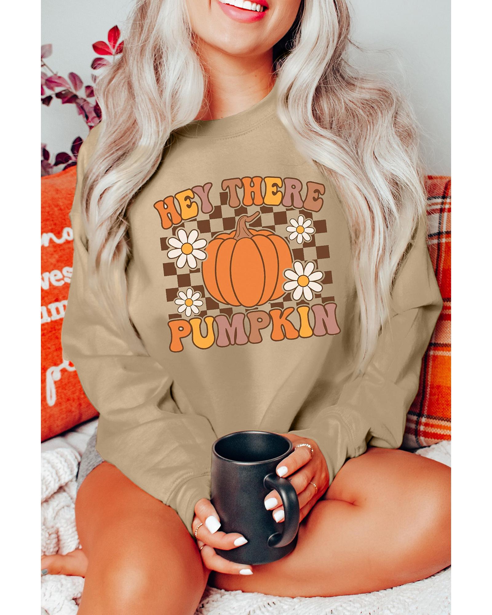 Khaki Floral Checkered Pumpkin Graphic Drop Shoulder Thanksgiving Sweatshirt - 2XL 5