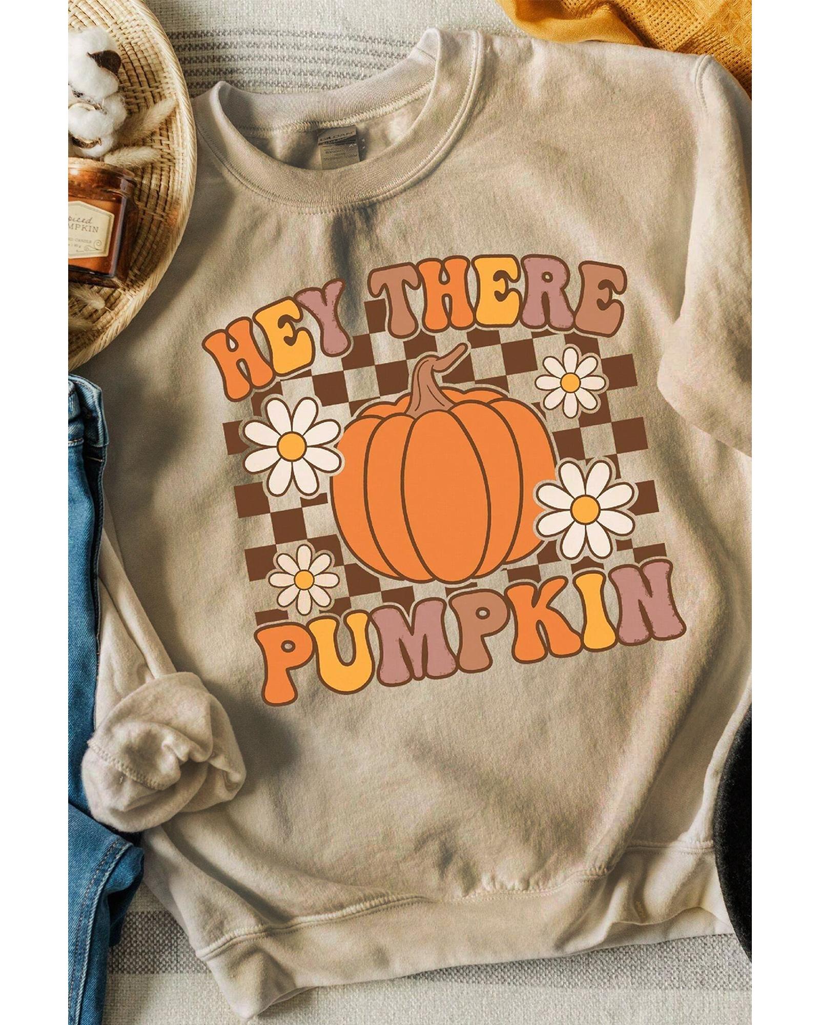 Khaki Floral Checkered Pumpkin Graphic Drop Shoulder Thanksgiving Sweatshirt - M