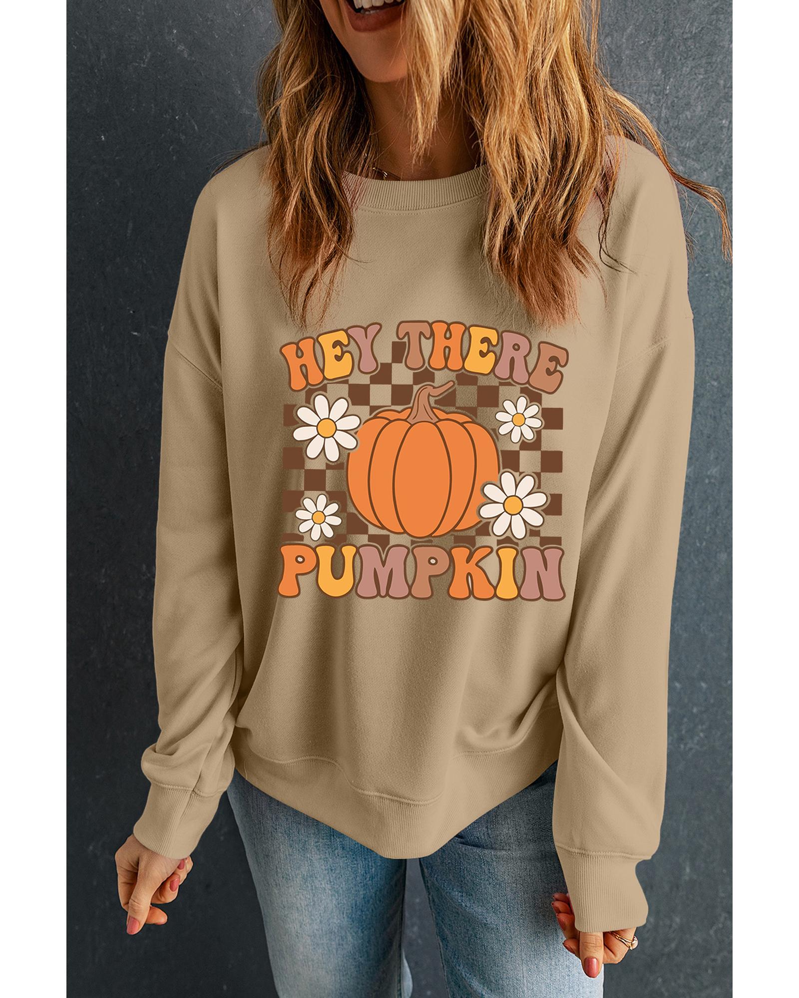 Khaki Floral Checkered Pumpkin Graphic Drop Shoulder Thanksgiving Sweatshirt - M 3